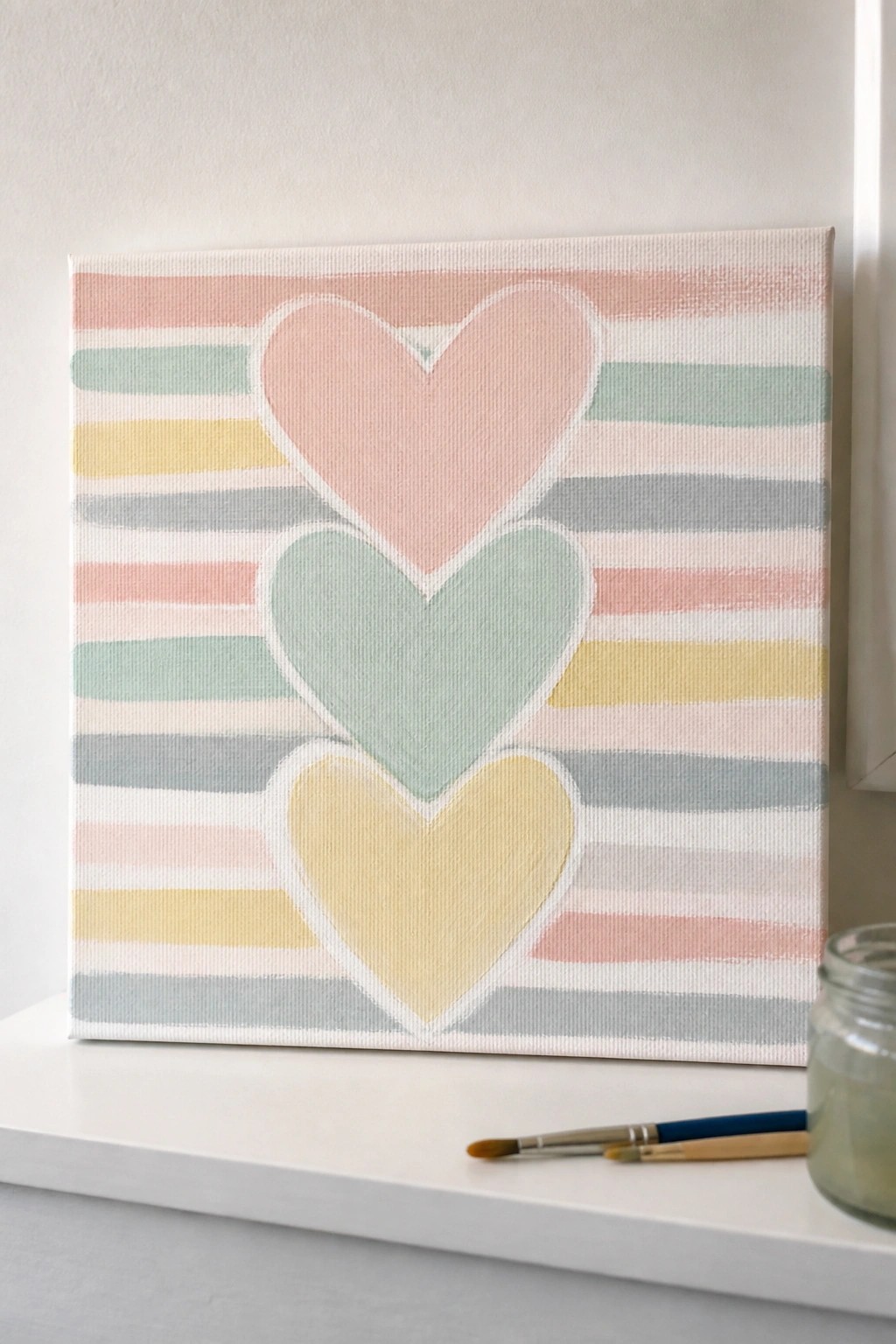 Pastel striped canvas with three overlapping hearts in pink, green, and yellow