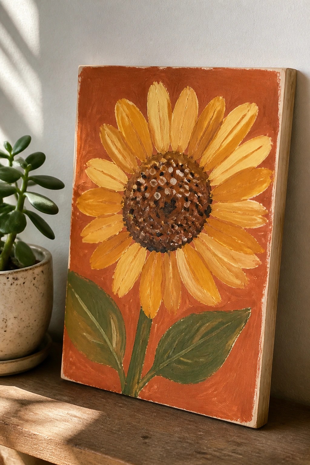 Sunflower painting with yellow petals on orange wooden board beside potted plant