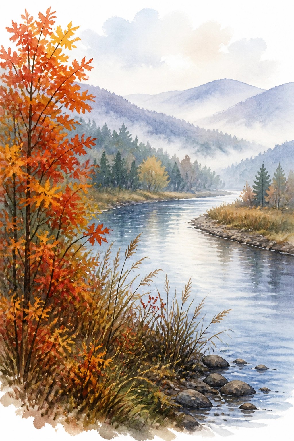 Watercolor painting of an autumn river with orange red trees in the foreground a winding blue river rocky banks and misty blue mountains in the background