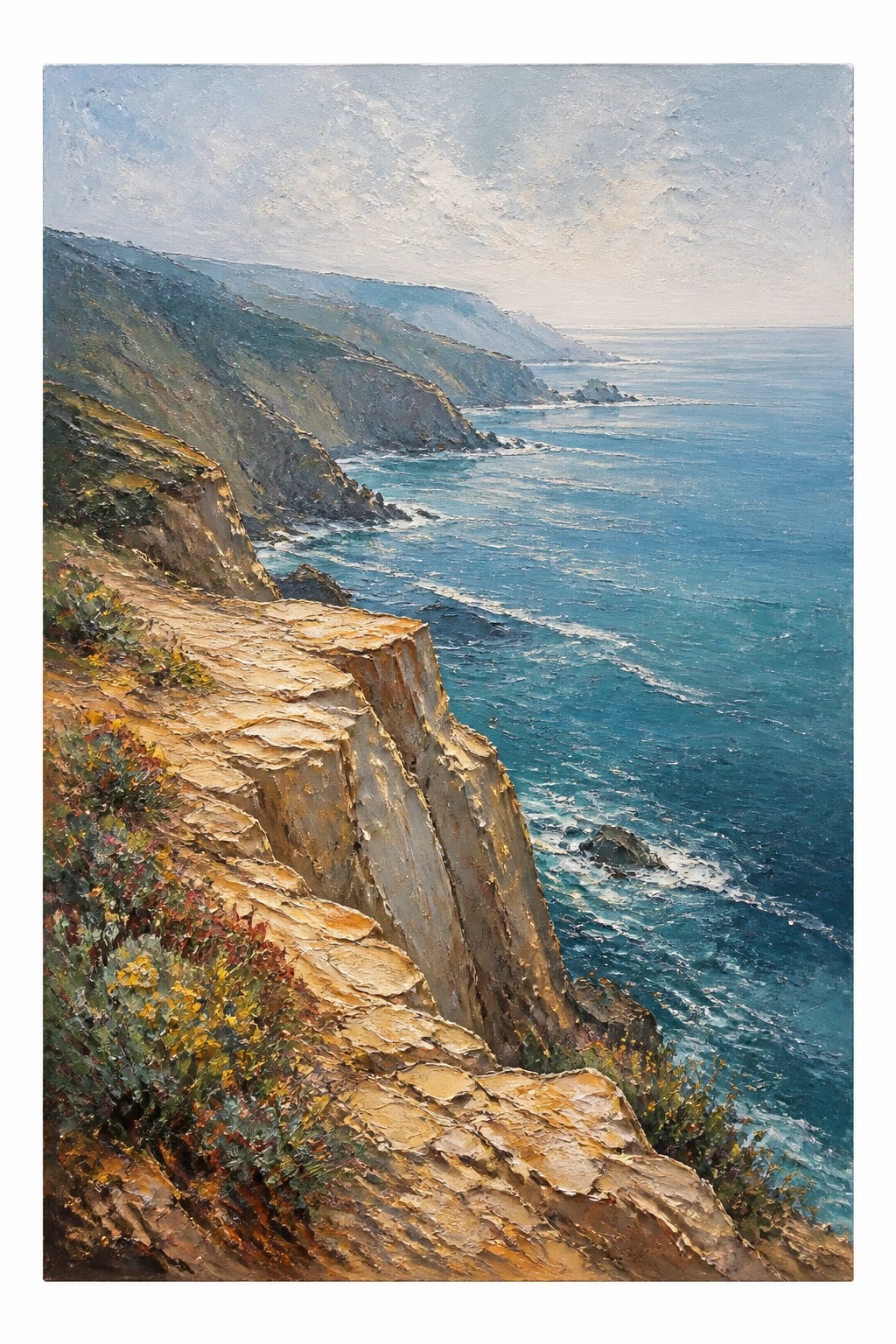 Oil painting of steep rocky cliffs by a blue ocean with waves and distant hills under a soft sky