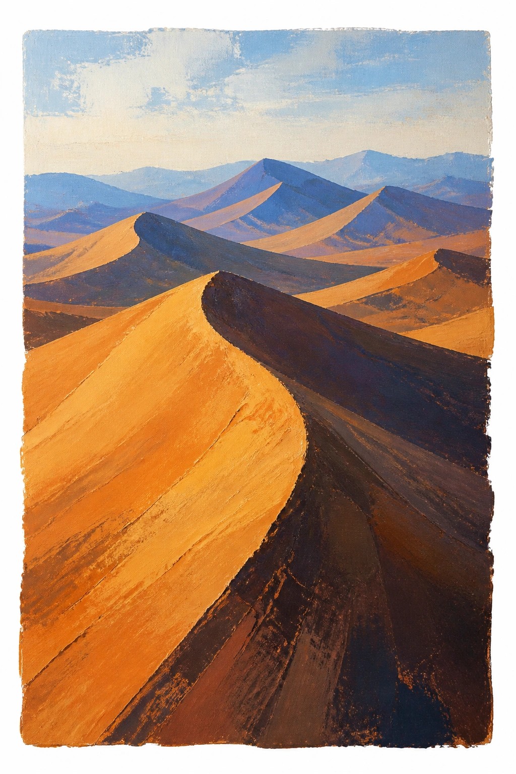 An oil painting of golden orange sand dunes curving through a desert landscape with blue and purple mountains receding into the distance under a light blue sky.
