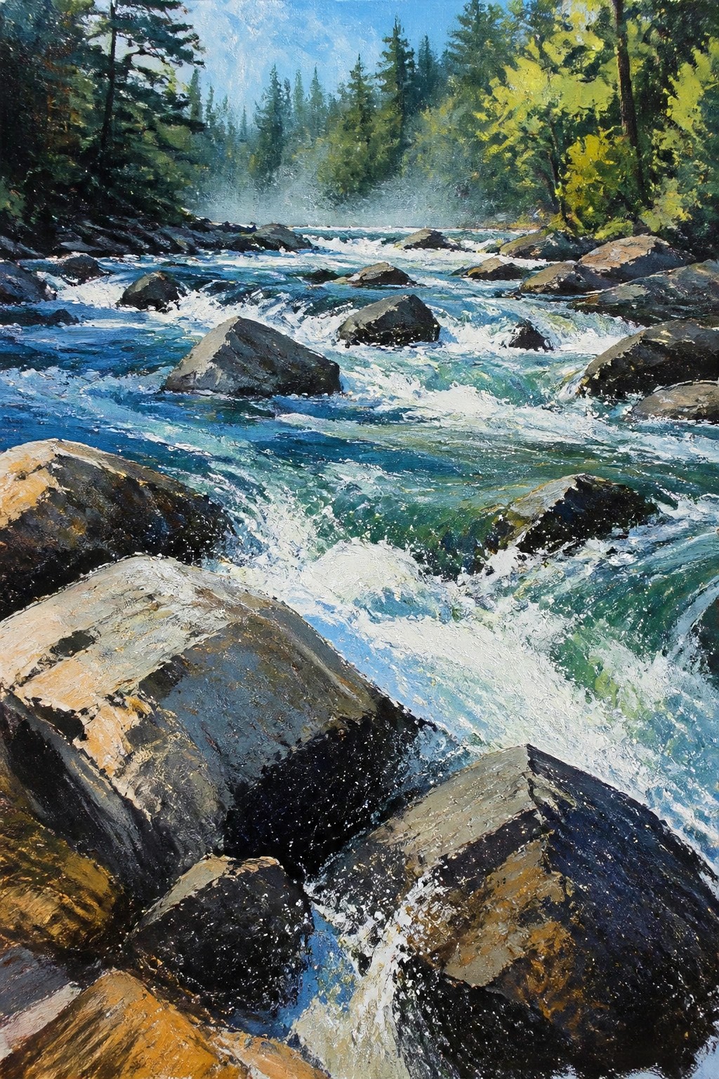 A vibrant oil painting of a rushing blue green river flowing over dark rocks with pine trees and misty mountains in the background.