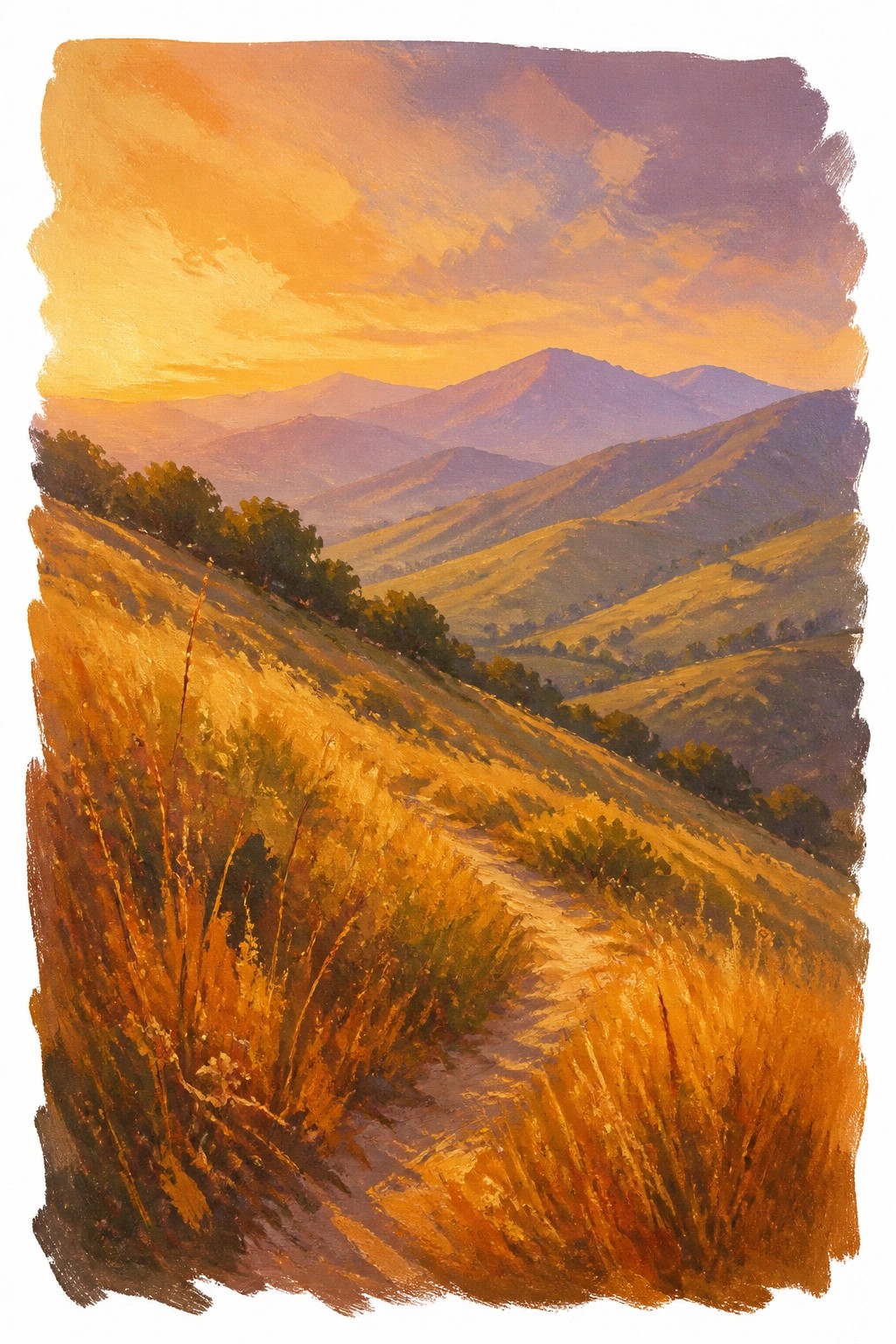 A painting of golden hills at sunset with a winding path and layered purple mountains under an orange sky.