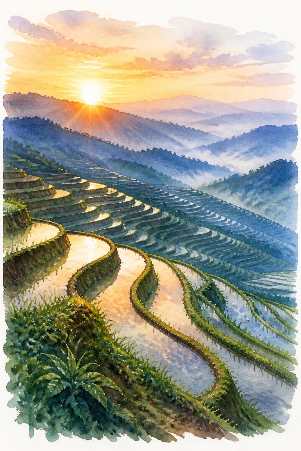A watercolor landscape of terraced rice fields curving down hills at sunrise with golden light reflecting on water and misty blue mountains in the background
