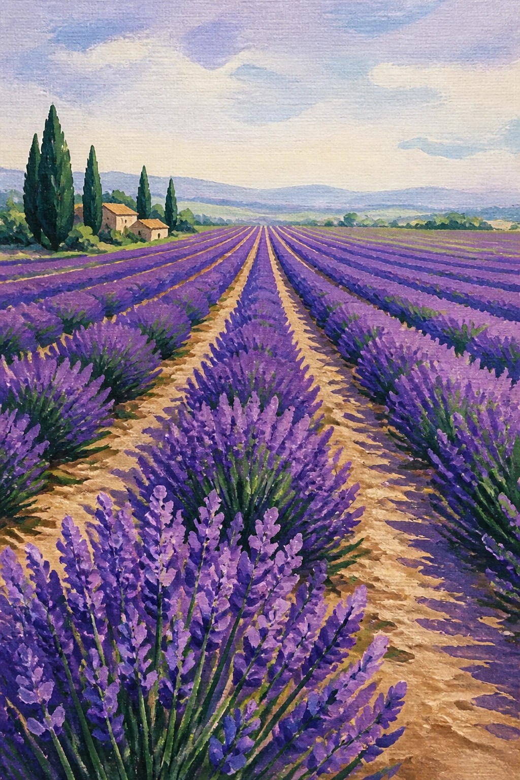 A realistic acrylic painting of purple lavender rows stretching into the distance with a dirt path, cypress trees, a house, and blue mountains under a soft sky.