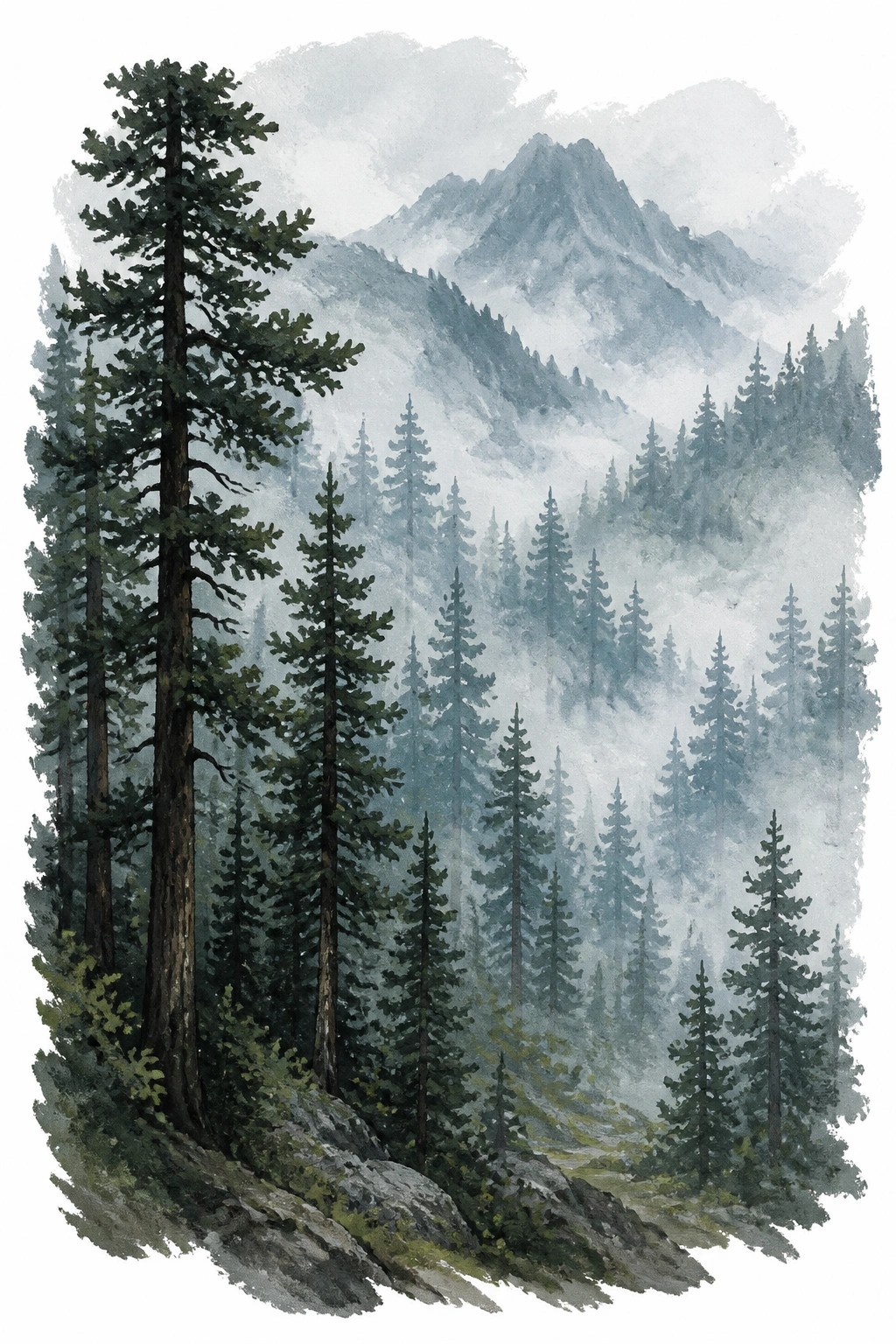 Watercolor landscape of misty pine forest with tall trees in front and fog covered mountains behind in soft greens and grays