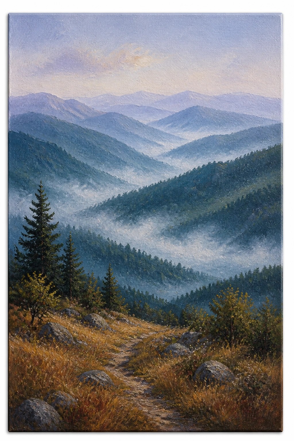 Oil painting of a misty mountain landscape with a dirt path winding through rocky grass and pine trees toward layered blue ridges fading into fog under a pale sky.