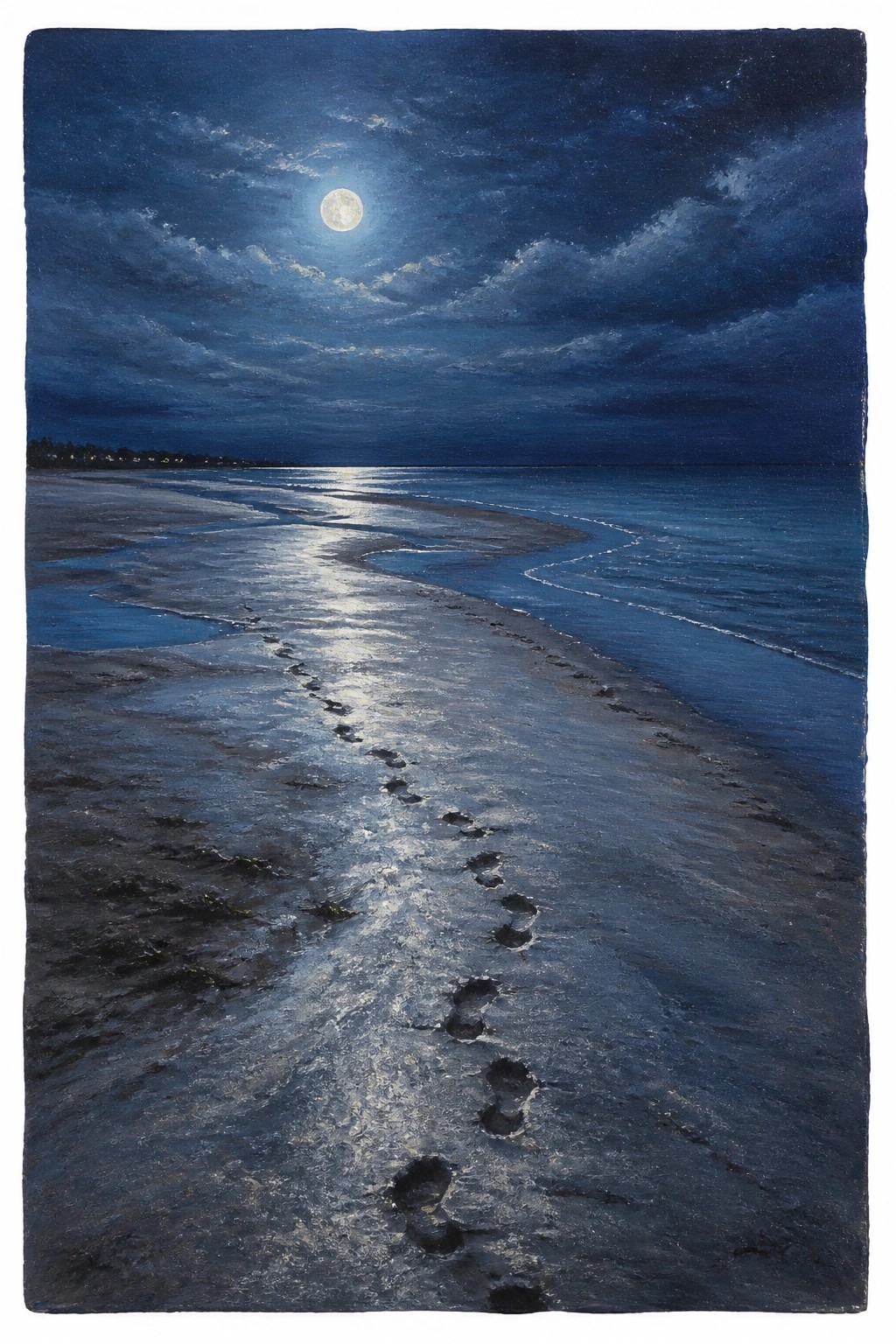 A realistic oil painting of footprints in wet sand on a moonlit beach at night with the full moon reflecting on the ocean under a cloudy sky.