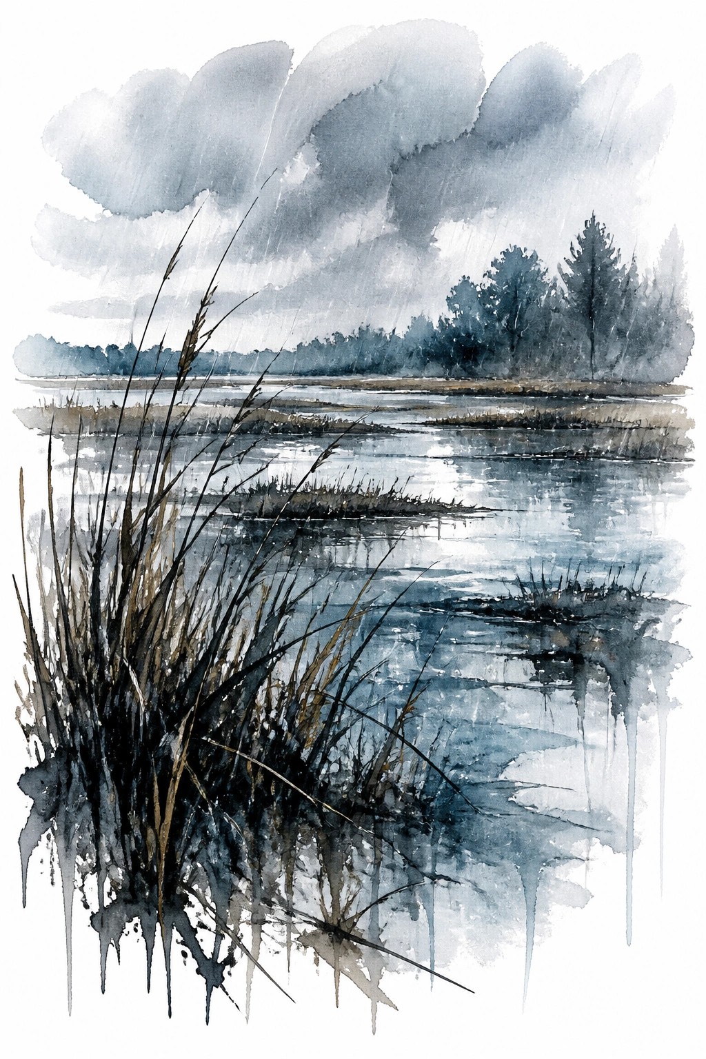 Watercolor painting of a rainy wetland with tall brown reeds in the foreground, calm blue water reflecting stormy gray clouds, distant dark trees on the horizon, and visible rain streaks falling from heavy clouds.