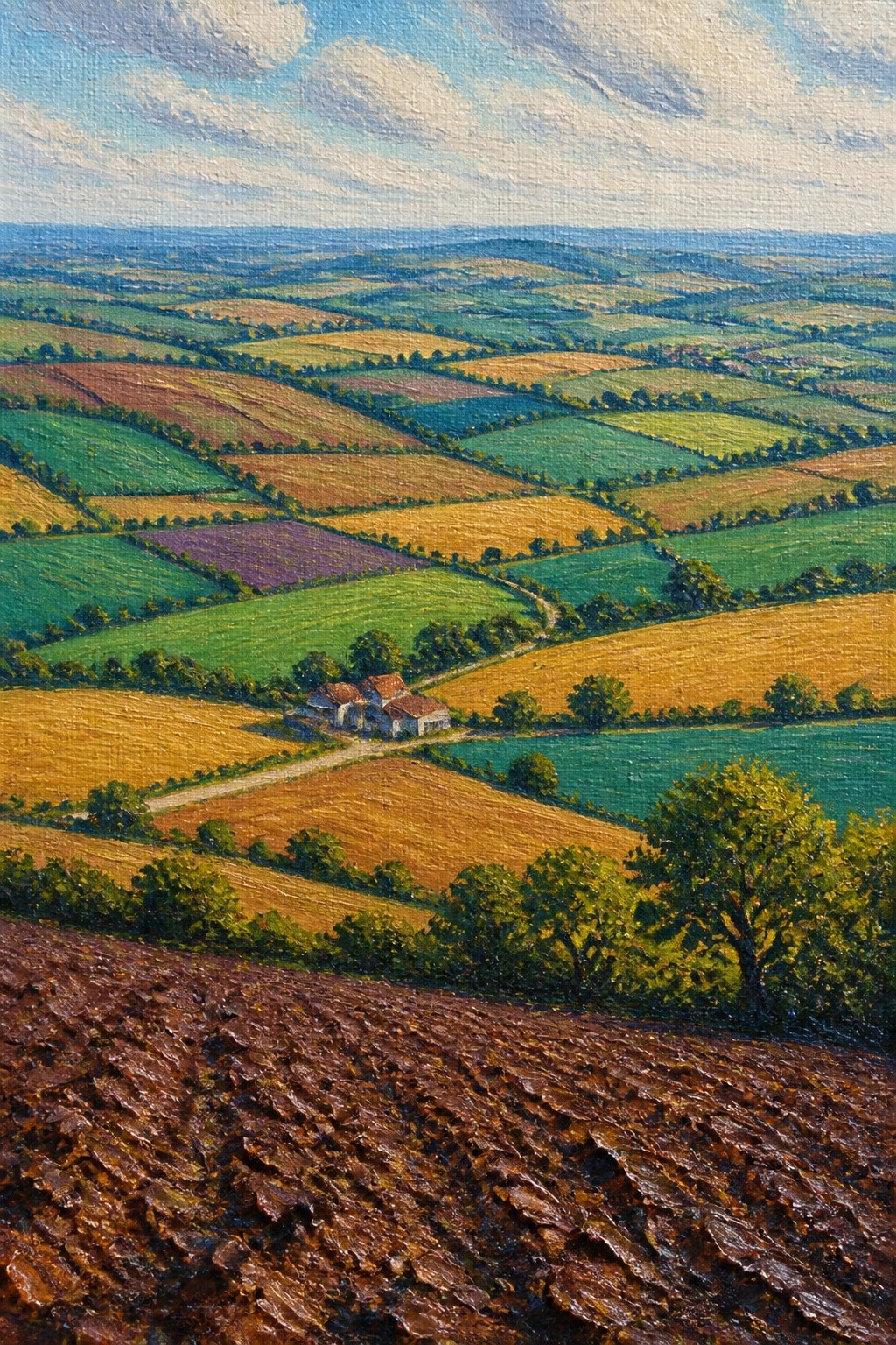 Oil painting of rolling hills with multicolored patchwork fields a central farmhouse and a blue sky showing depth through layered landscapes