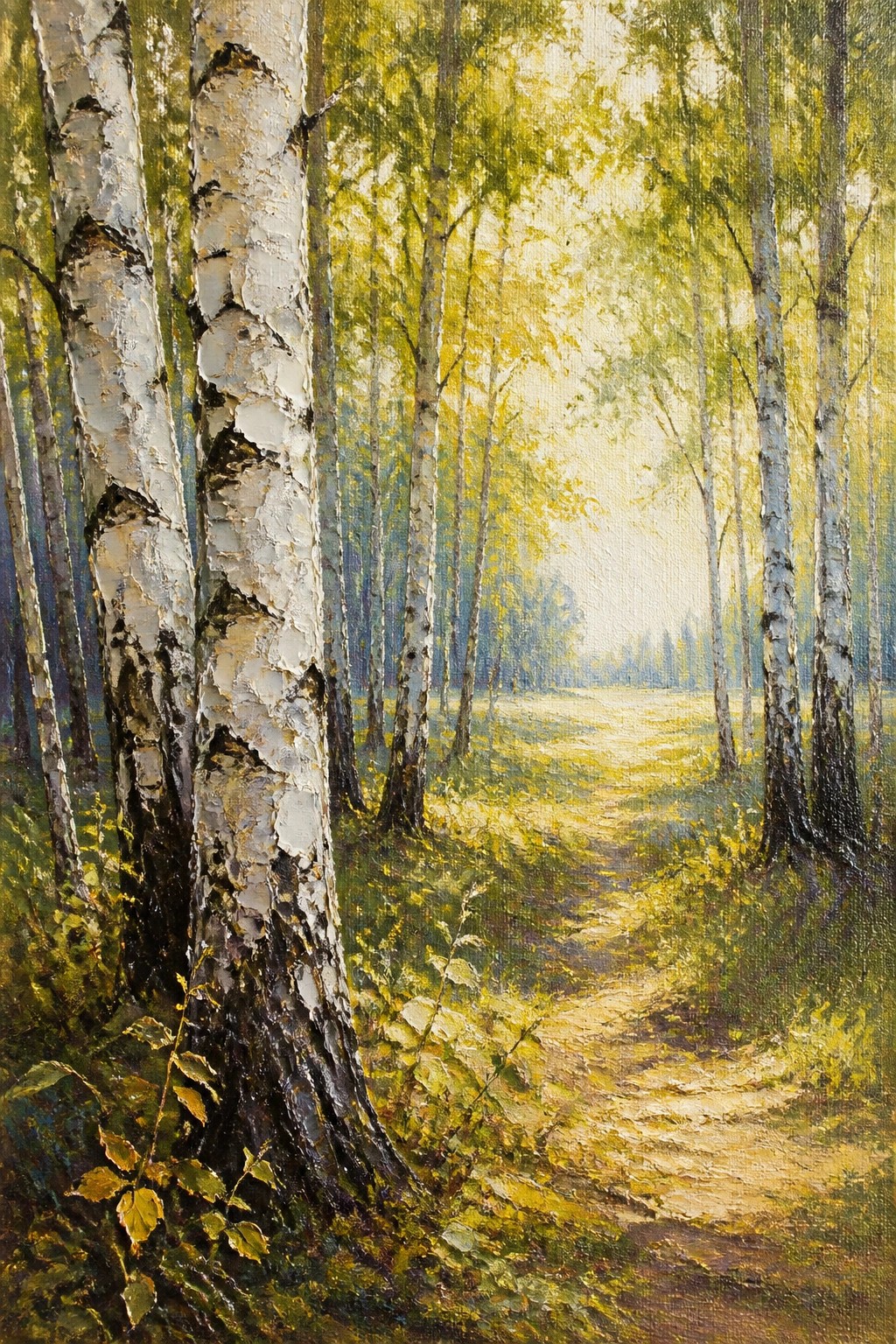 Oil painting of a sunlit dirt path curving through tall white birch trees with green and yellow leaves creating depth in a peaceful forest.