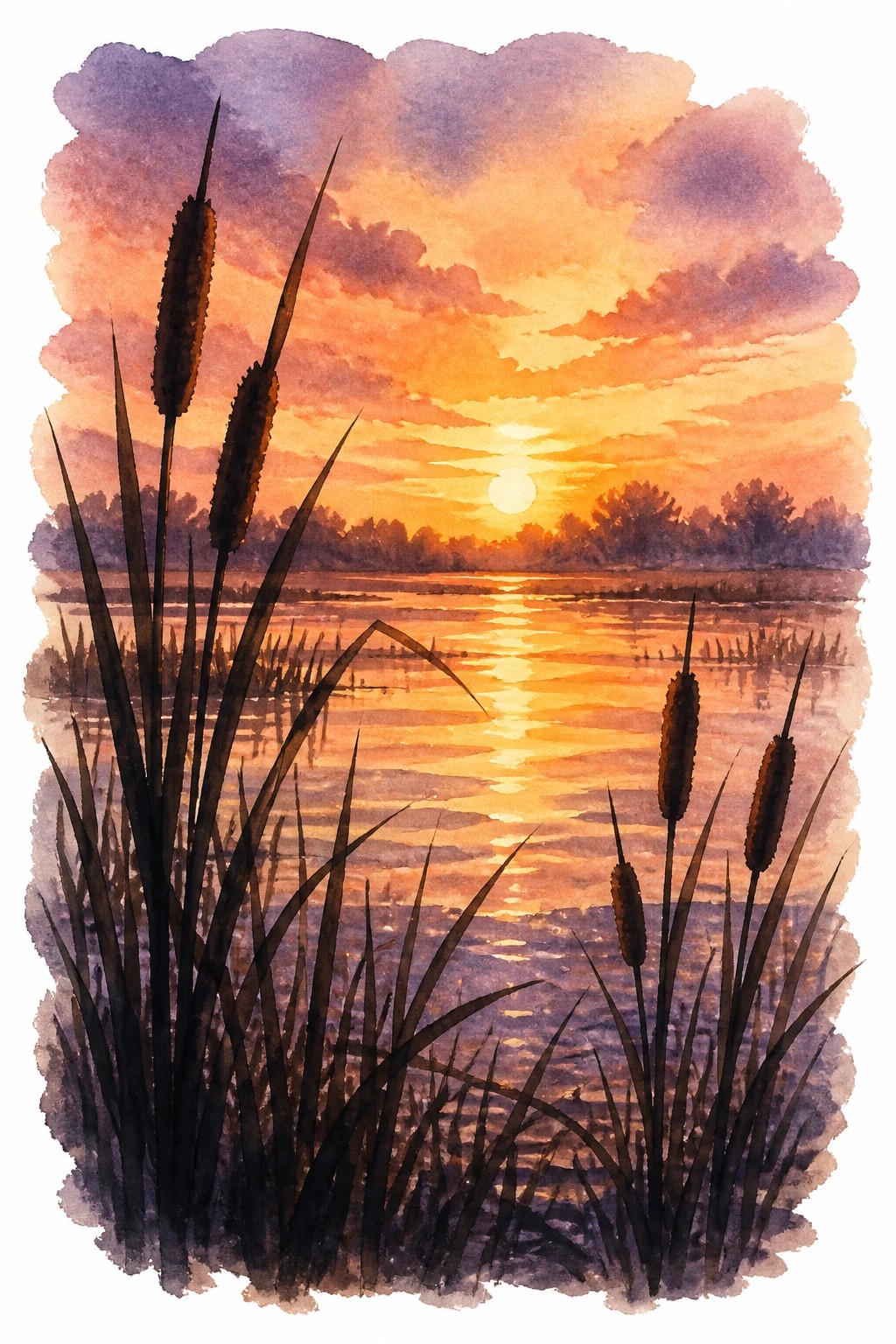 A watercolor painting of silhouetted cattails beside a lake at sunset with orange and purple clouds and the sun reflecting on the water.