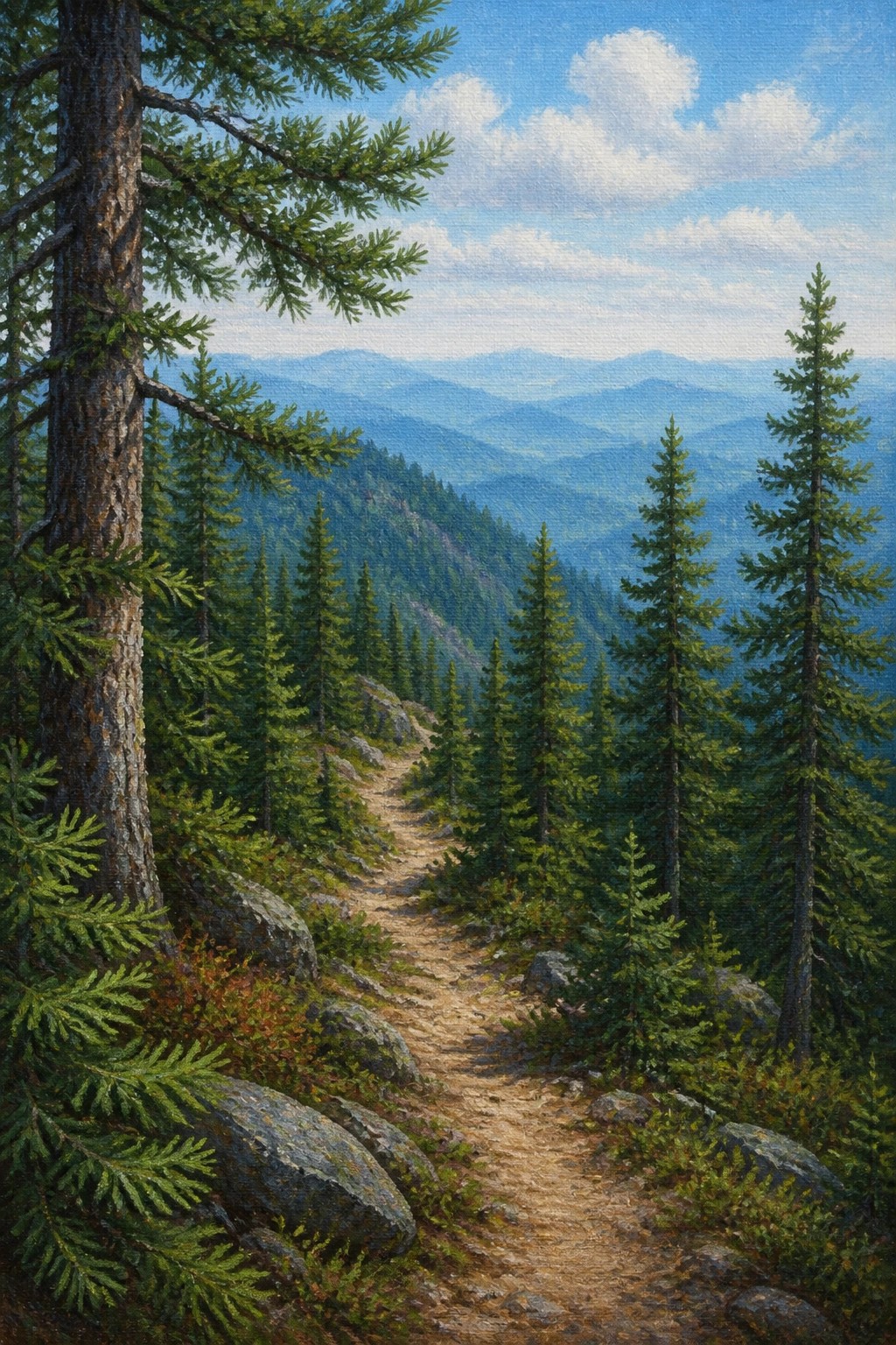A realistic oil painting of a winding dirt trail through a pine forest with tall green trees and layered blue mountains in the distance under a bright sky with clouds.