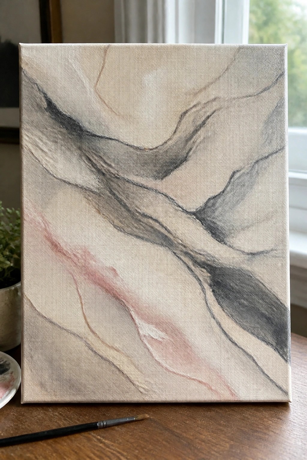 Abstract canvas with flowing black, gray, and pink lines on wooden table beside brush