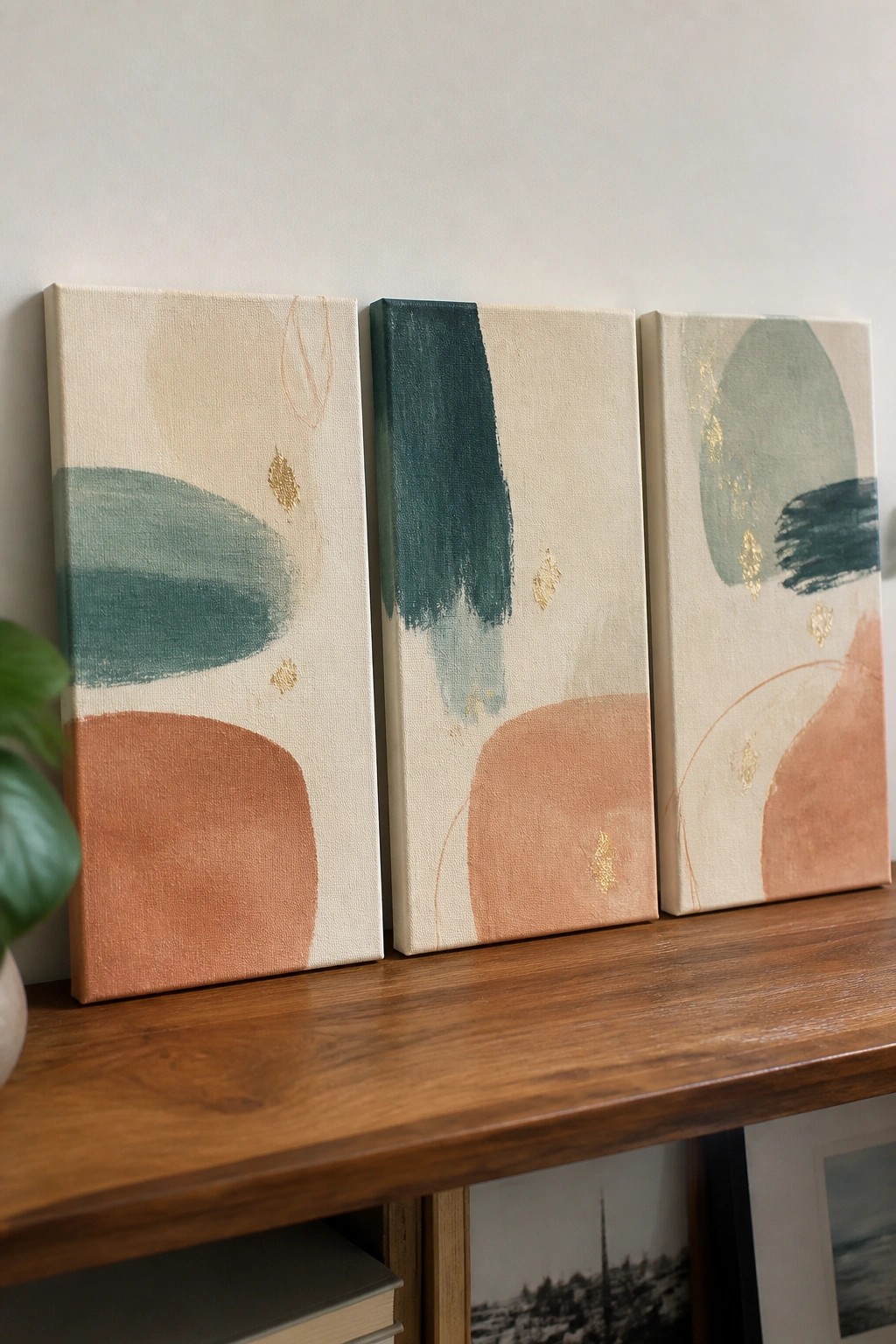Three abstract canvases with teal, terracotta, and gold shapes on a wooden shelf.