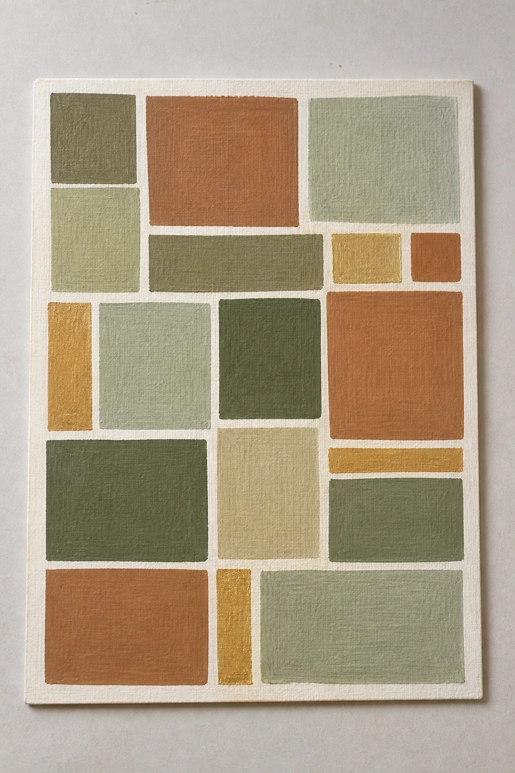 Abstract geometric painting of rectangles in muted greens, browns, and oranges