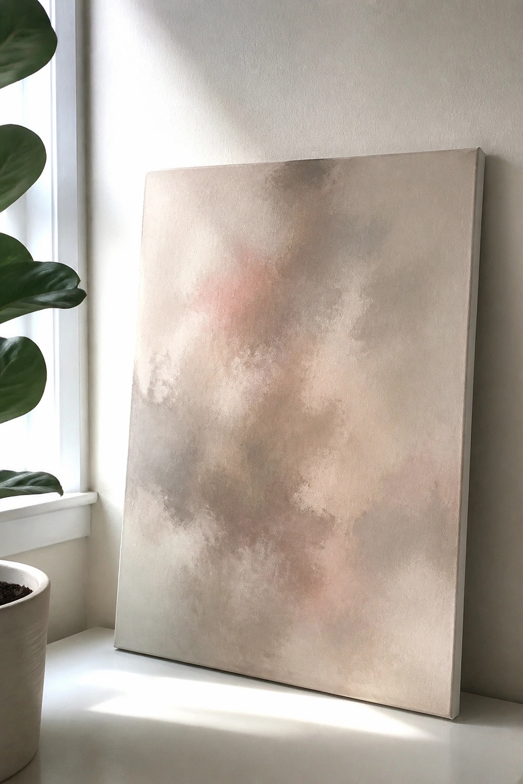 Abstract painting with soft beige, pink, and gray tones beside sunlit window and plant