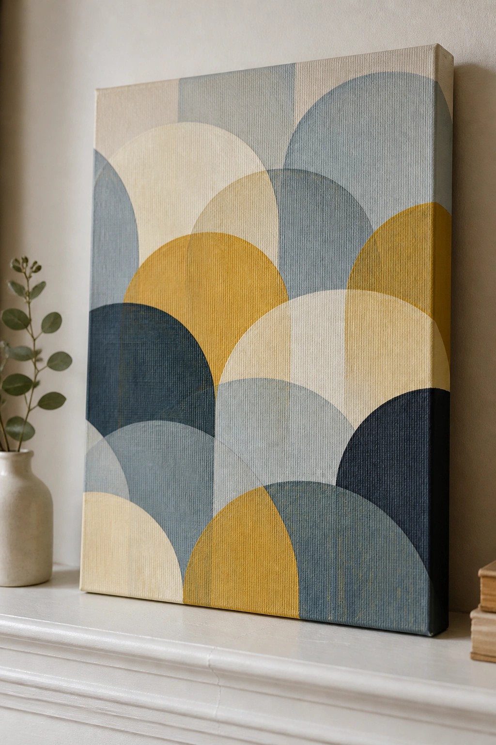 Abstract canvas with blue, yellow, gray semicircles on white mantel beside vase and books