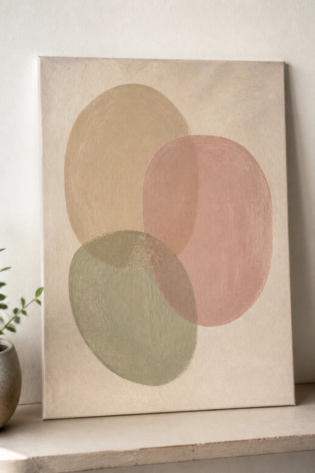 Abstract painting with overlapping beige, pink, and green circles on a white shelf