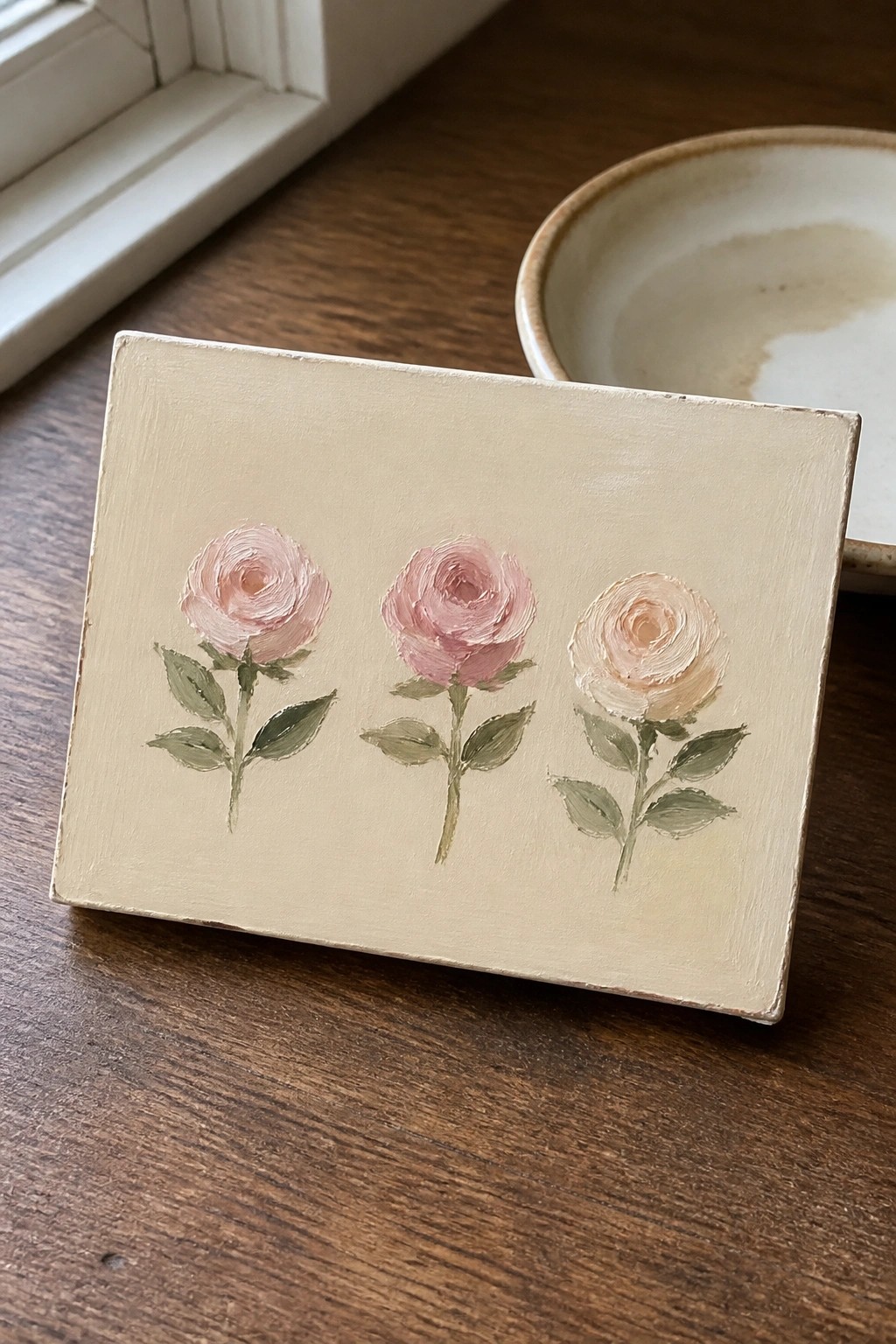 Three soft pink roses with green stems painted on a small beige canvas atop dark wood.