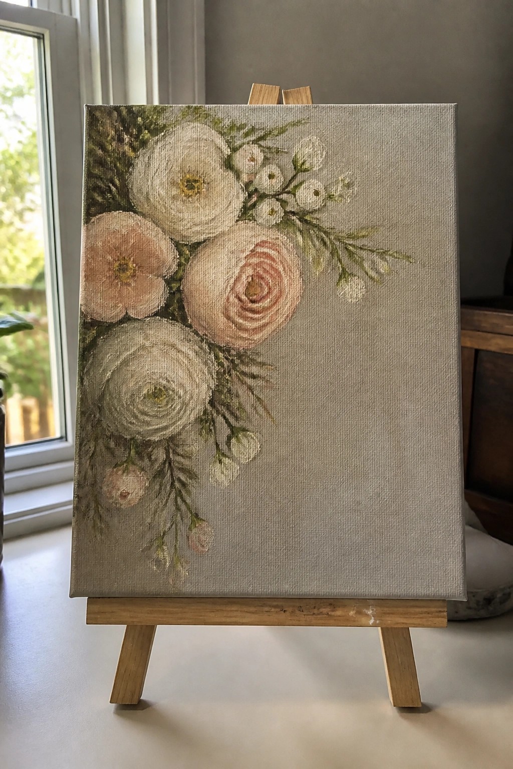 Oil painting of white and light pink flowers with green stems on a gray canvas background, shown on a wooden easel.