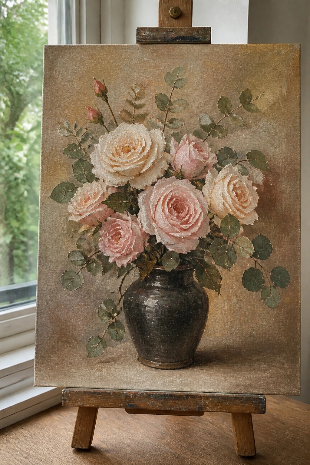 Oil painting of pink and white roses in dark vase on wooden easel.