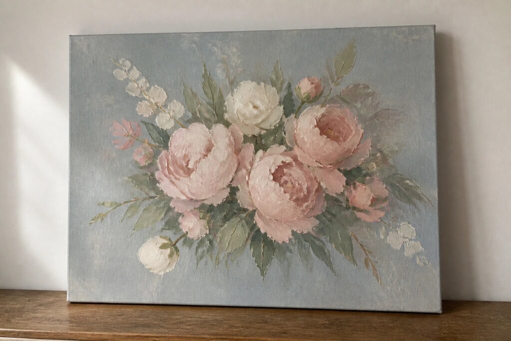21 Elegant Floral Oil Painting Ideas For A Soft Romantic Touch Impressionistic painting of pink and white peonies with green leaves on blue-gray canvas.