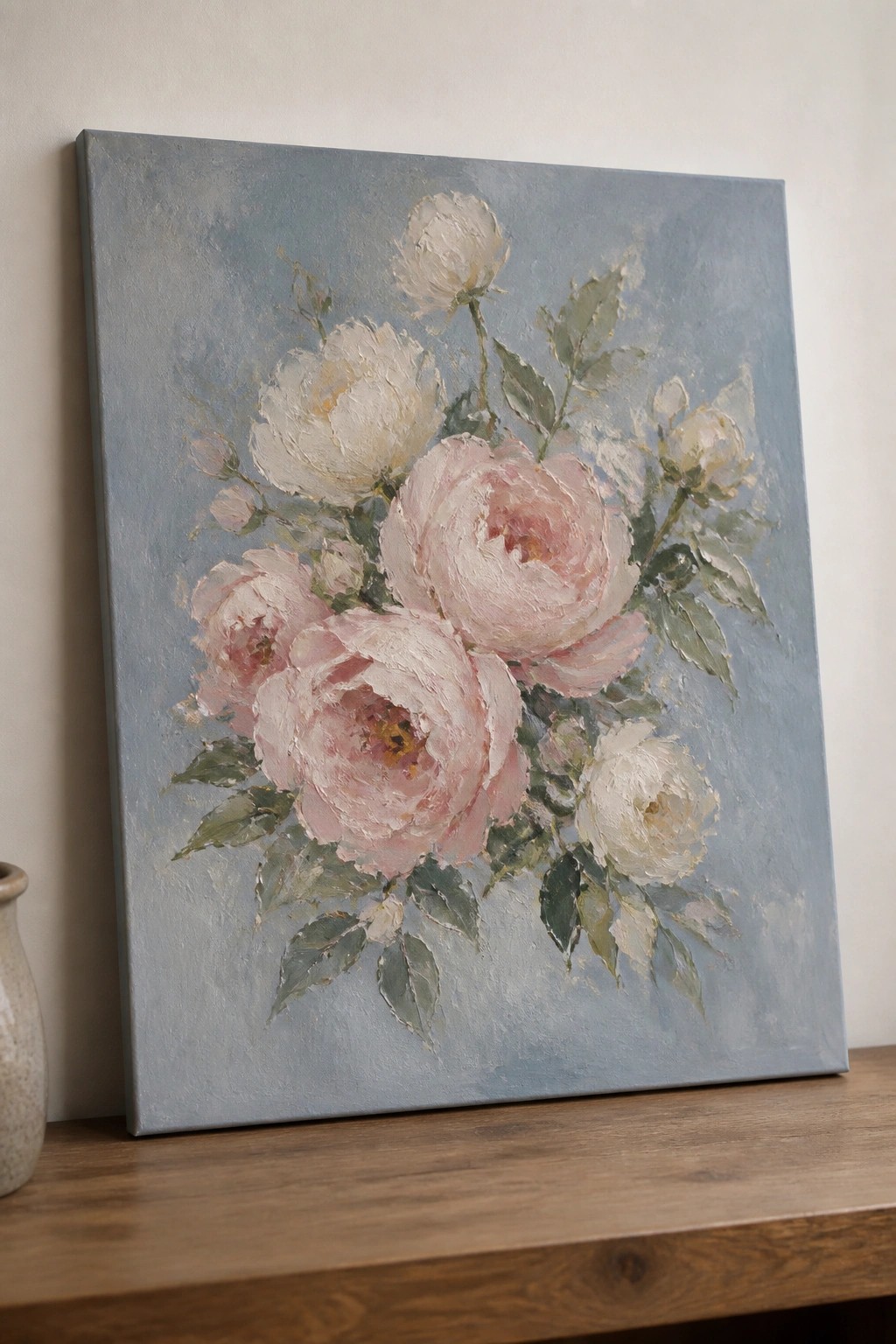 Impressionistic painting of pink and white peonies with green leaves on blue-gray canvas.
