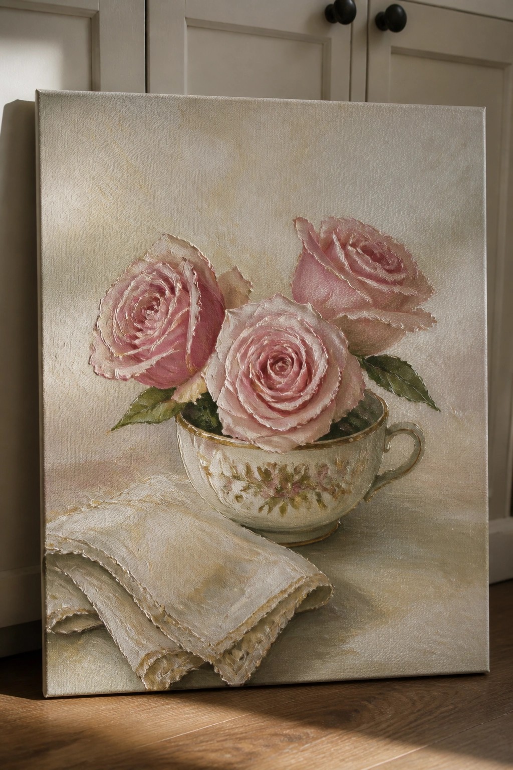 Three pink roses in a vintage floral teacup beside a linen cloth.