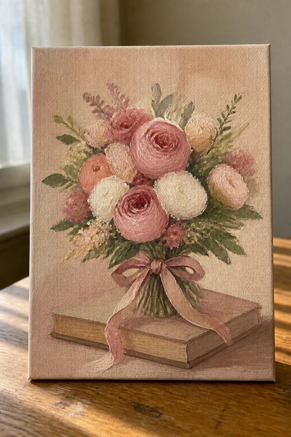 Pastel floral bouquet with pink ribbon on stacked vintage books painting