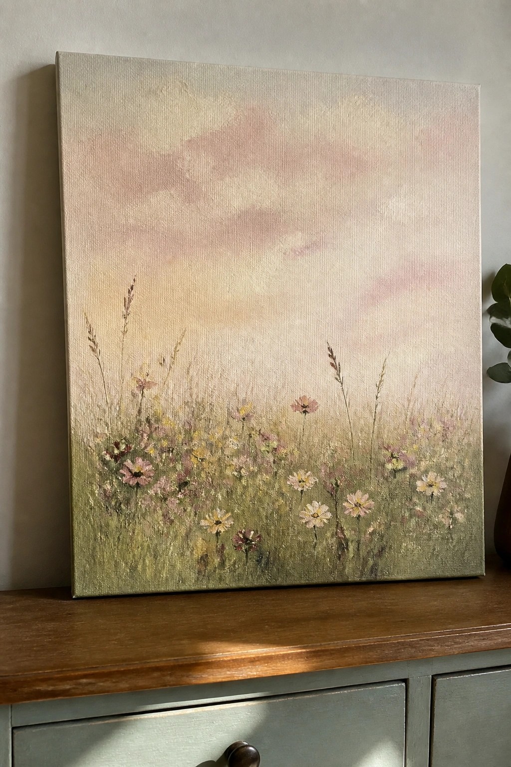 Pastel painting of wildflowers in a meadow under a soft pink sky on canvas