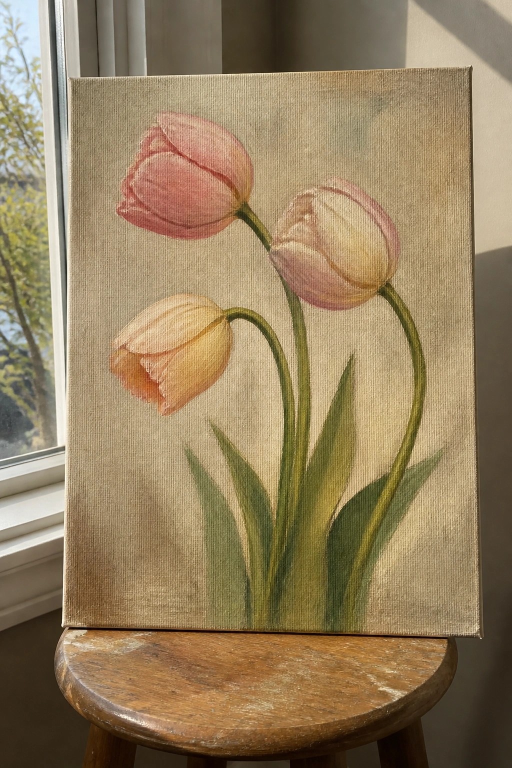 Painting of three pink and yellow tulips on canvas atop wooden stool