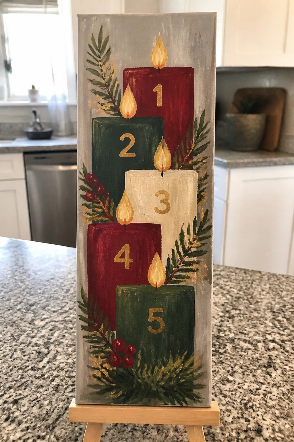 Tall canvas with five numbered advent candles, flames, and holiday greenery on easel