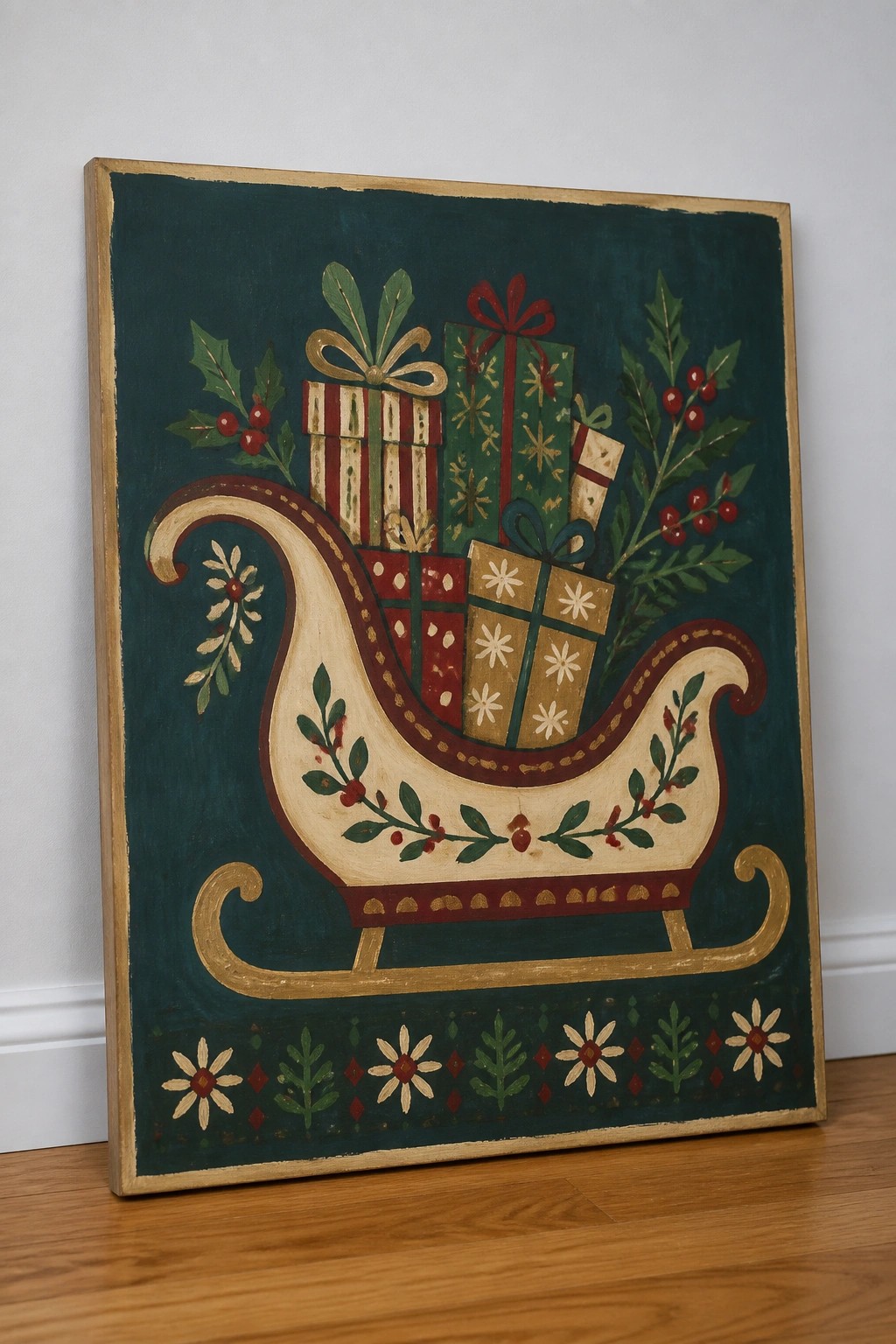 Folk art painting of a cream sleigh filled with wrapped Christmas gifts and holly.