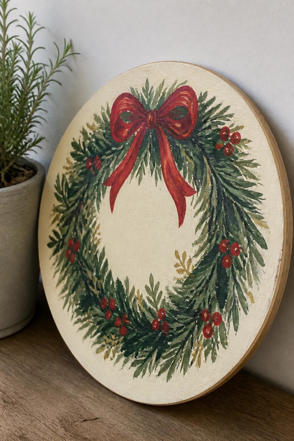 Hand-painted Christmas wreath with red bow, berries, and greenery on round wood