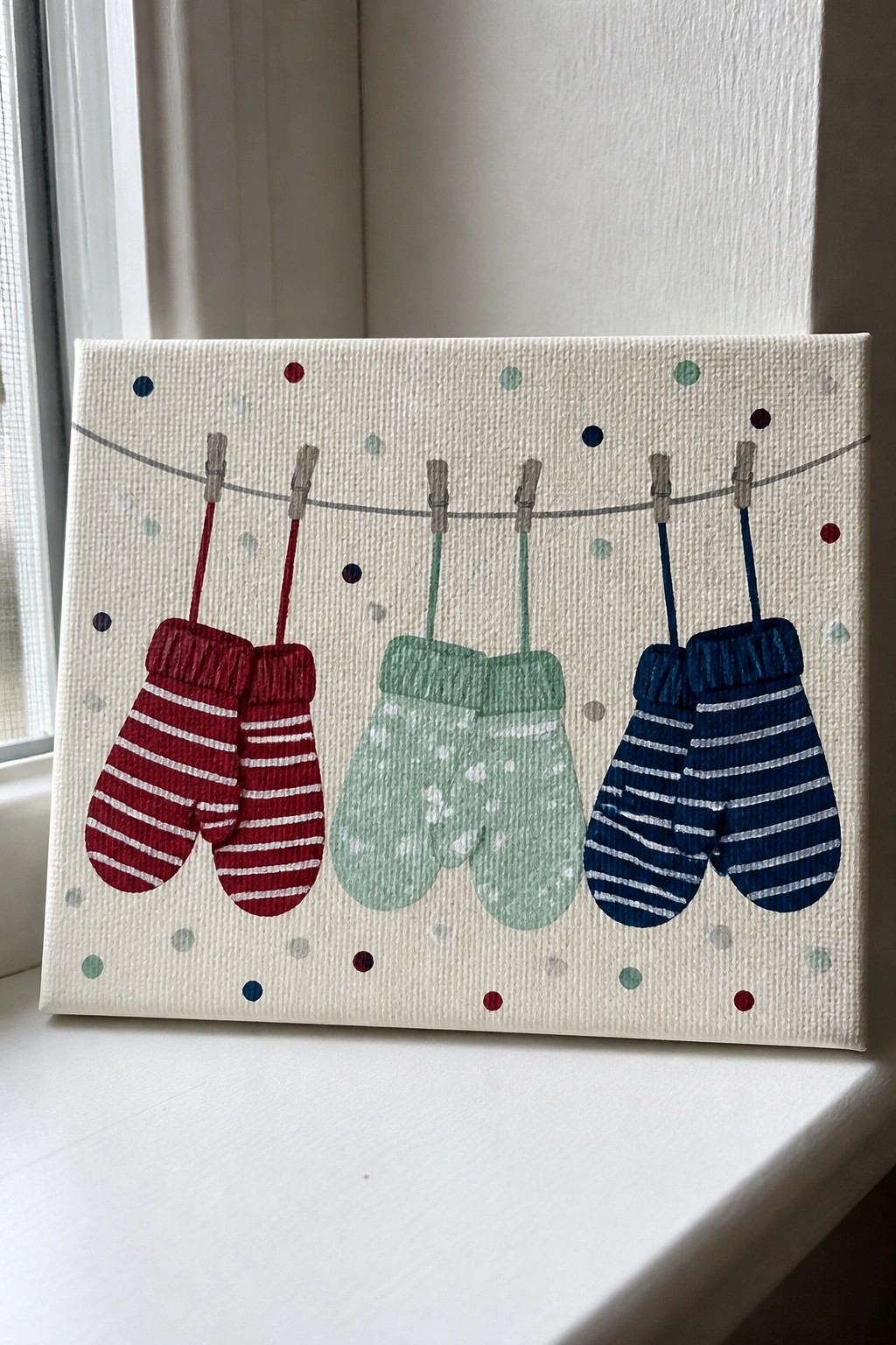Three pairs of red, green, and blue mittens hang on a clothesline with polka dots.