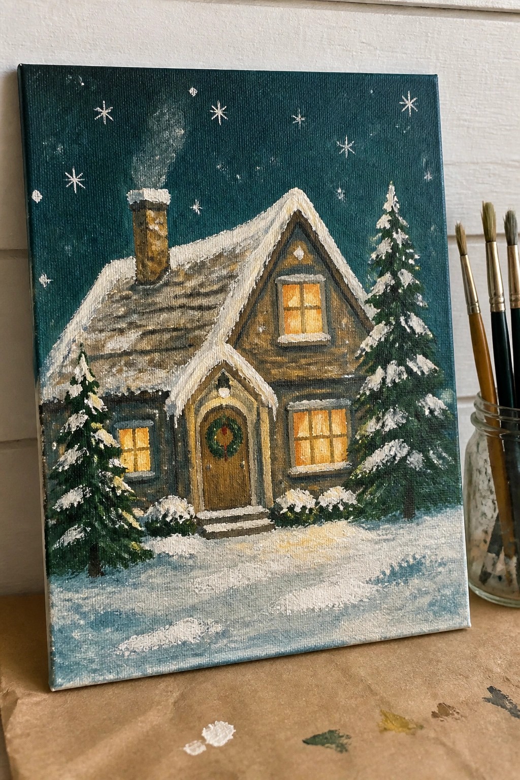 Snowy house painting with glowing windows, wreath, chimney smoke, pines, and paintbrushes nearby
