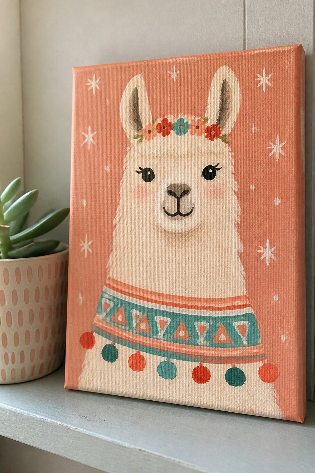 Llama painting with floral crown and pom-pom blanket on orange background beside succulent plant