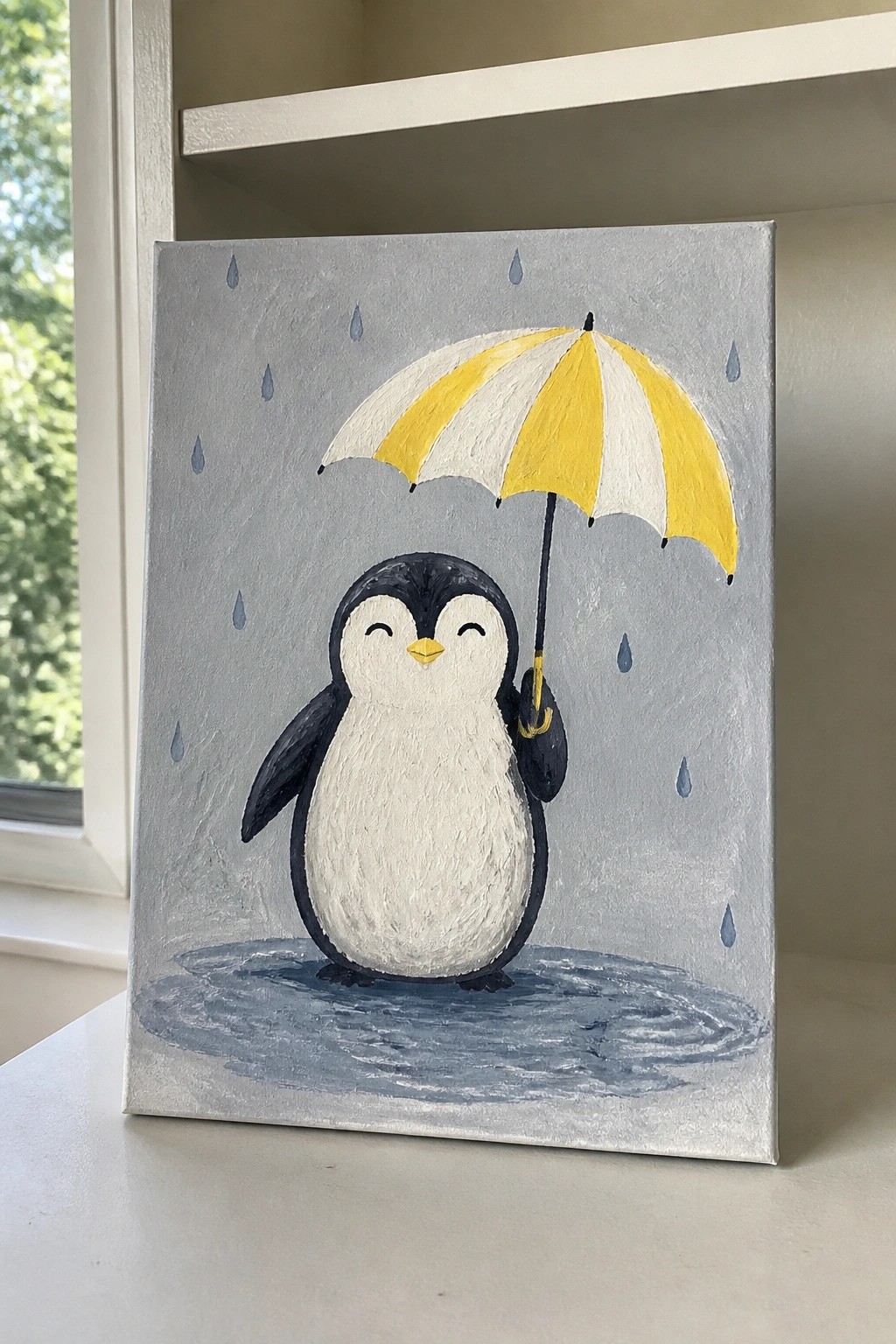 Cute penguin holds yellow-white umbrella in rain, standing in blue puddle