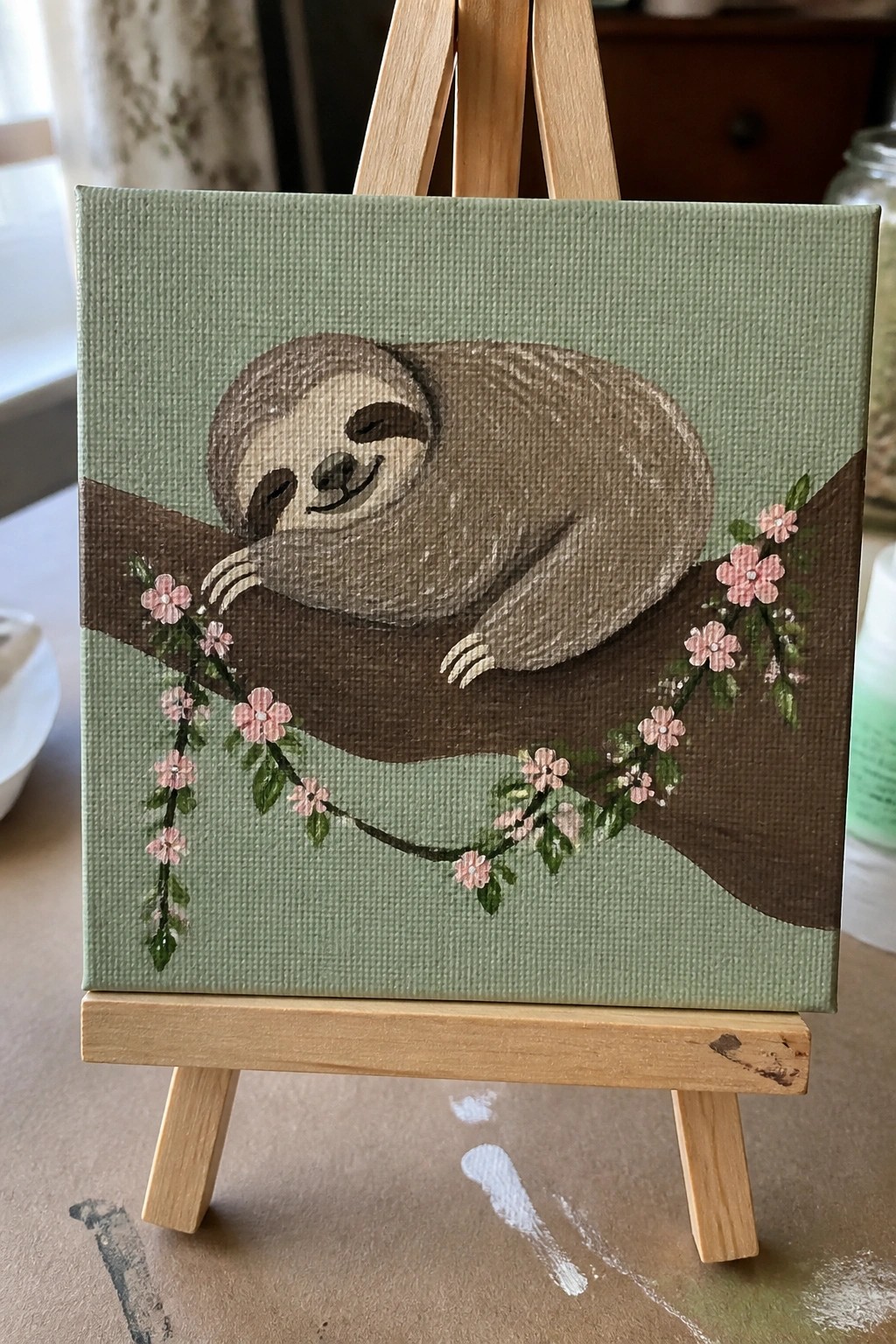 Wooden easel holding canvas painting of sleeping sloth on pink-flowered branch
