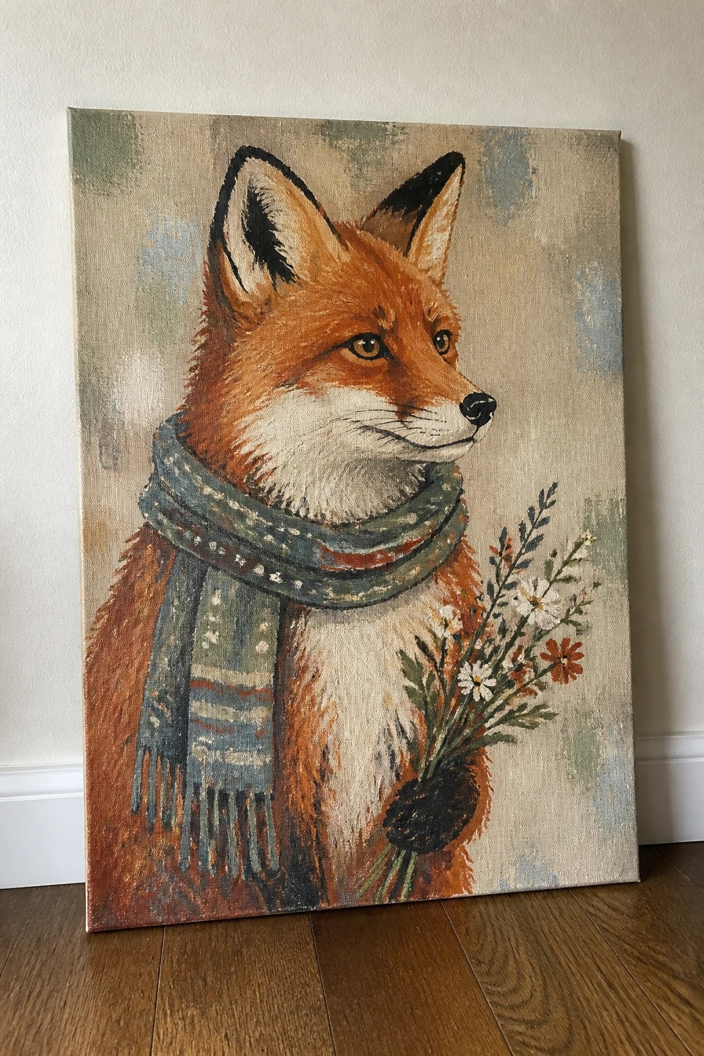 Canvas painting of fox in patterned scarf holding flower bouquet