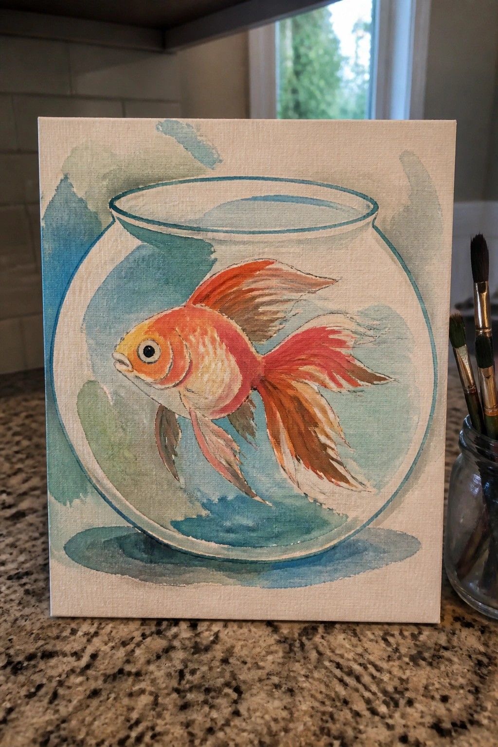 Watercolor painting of orange goldfish swimming in round blue fishbowl on canvas