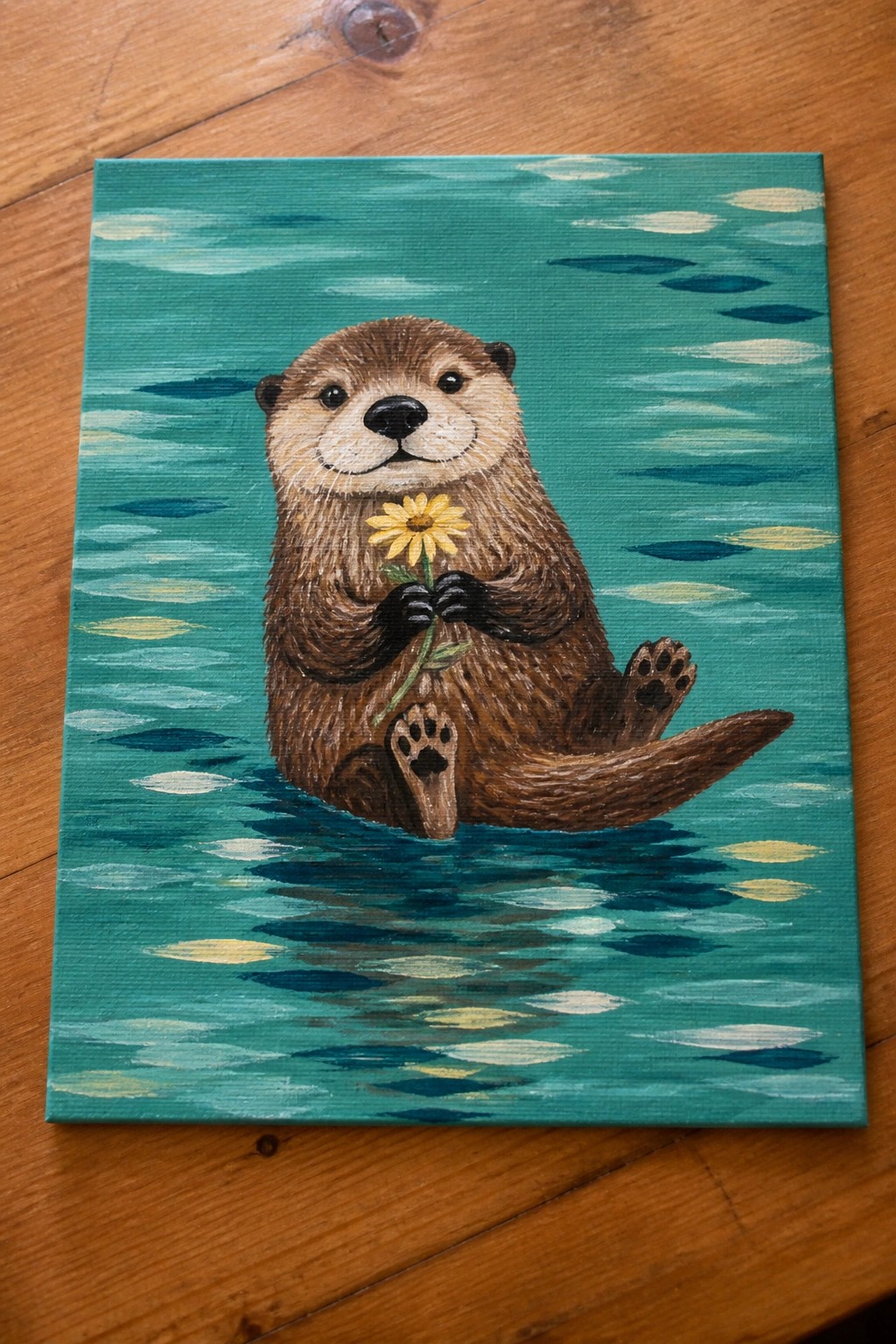 Otter clutching yellow daisy while floating in stylized teal water painting