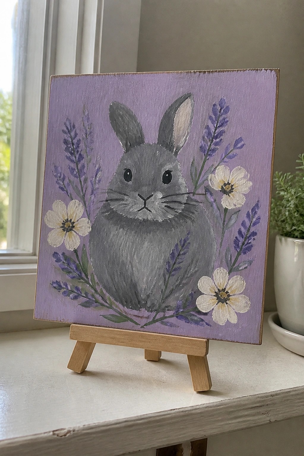 Gray rabbit painting with white flowers and lavender on purple canvas on wooden easel
