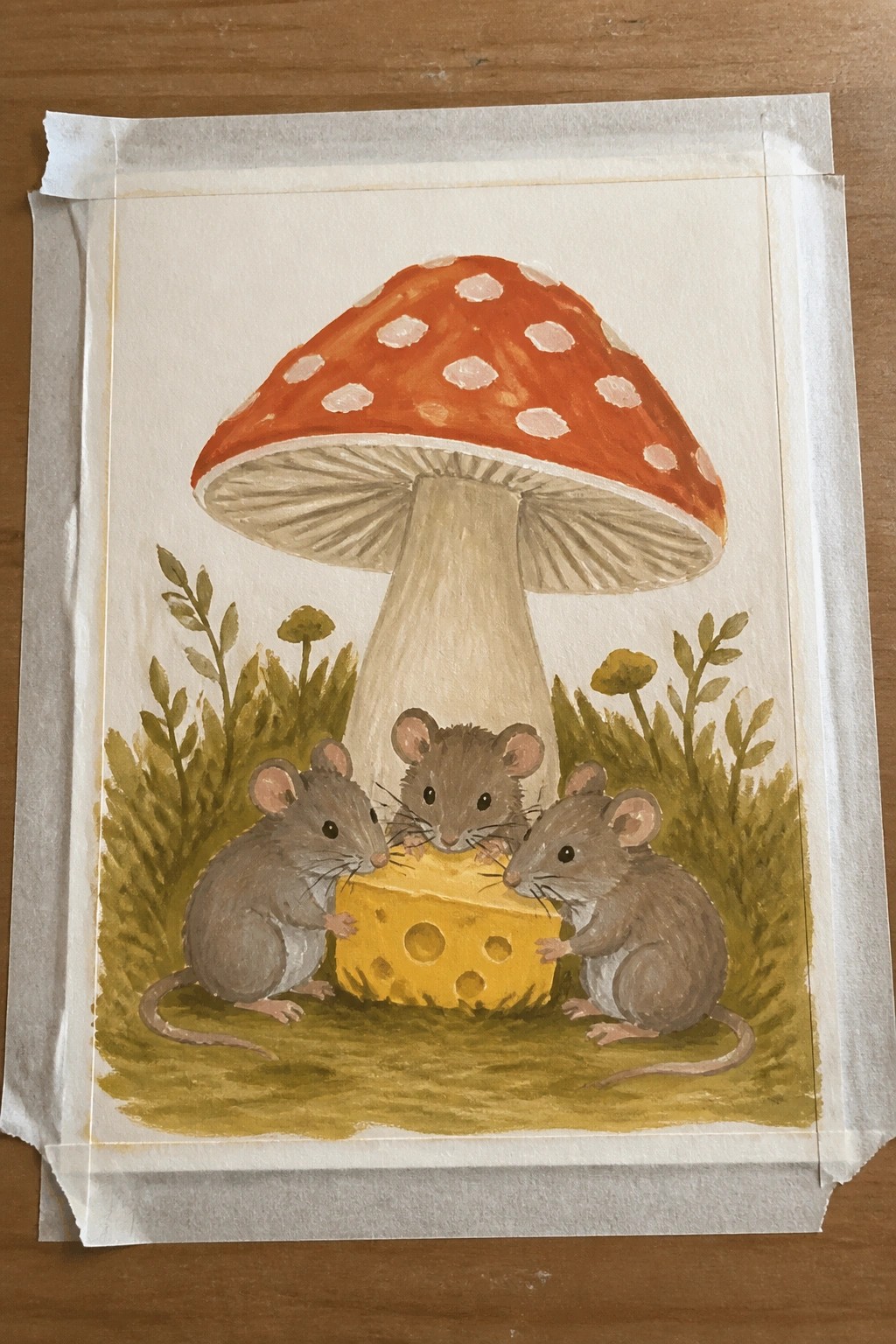 Three brown mice share cheese under a red-spotted mushroom amid green grass and plants
