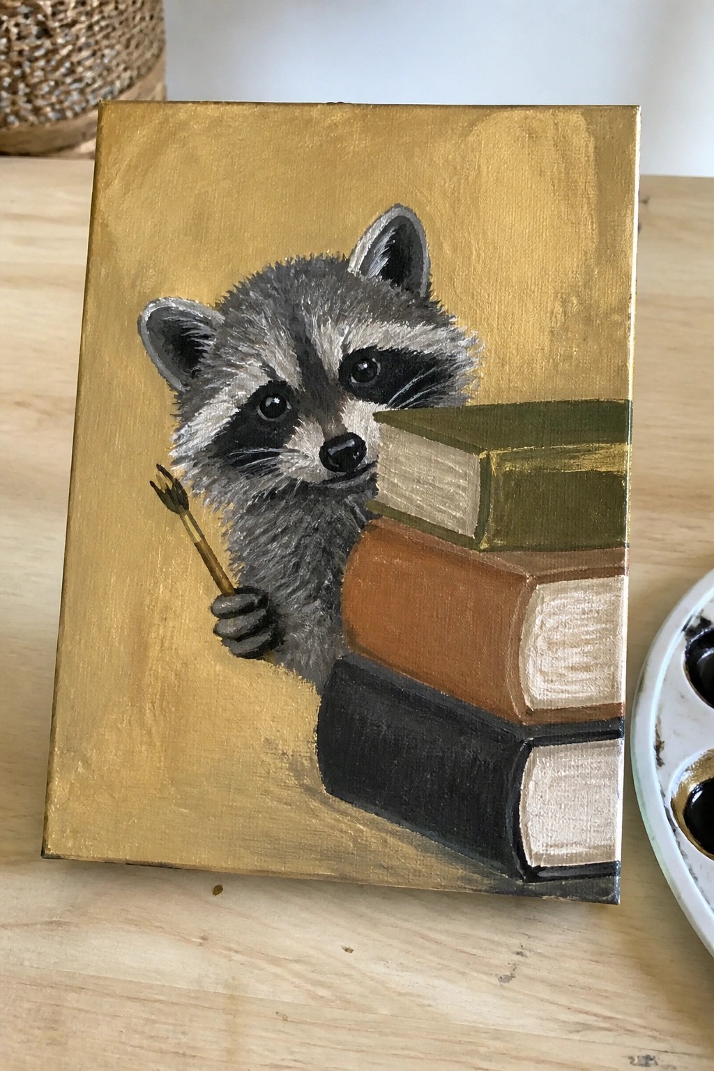 Raccoon clutching arrow beside stacked books against gold painted canvas.