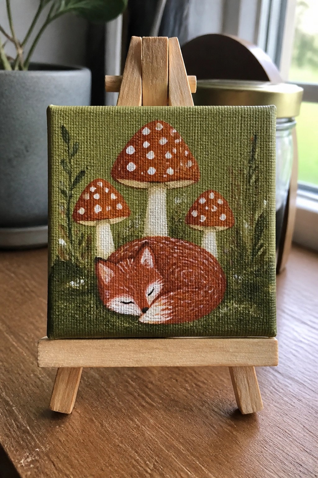 Miniature canvas on easel shows sleeping fox beneath spotted mushrooms on green.