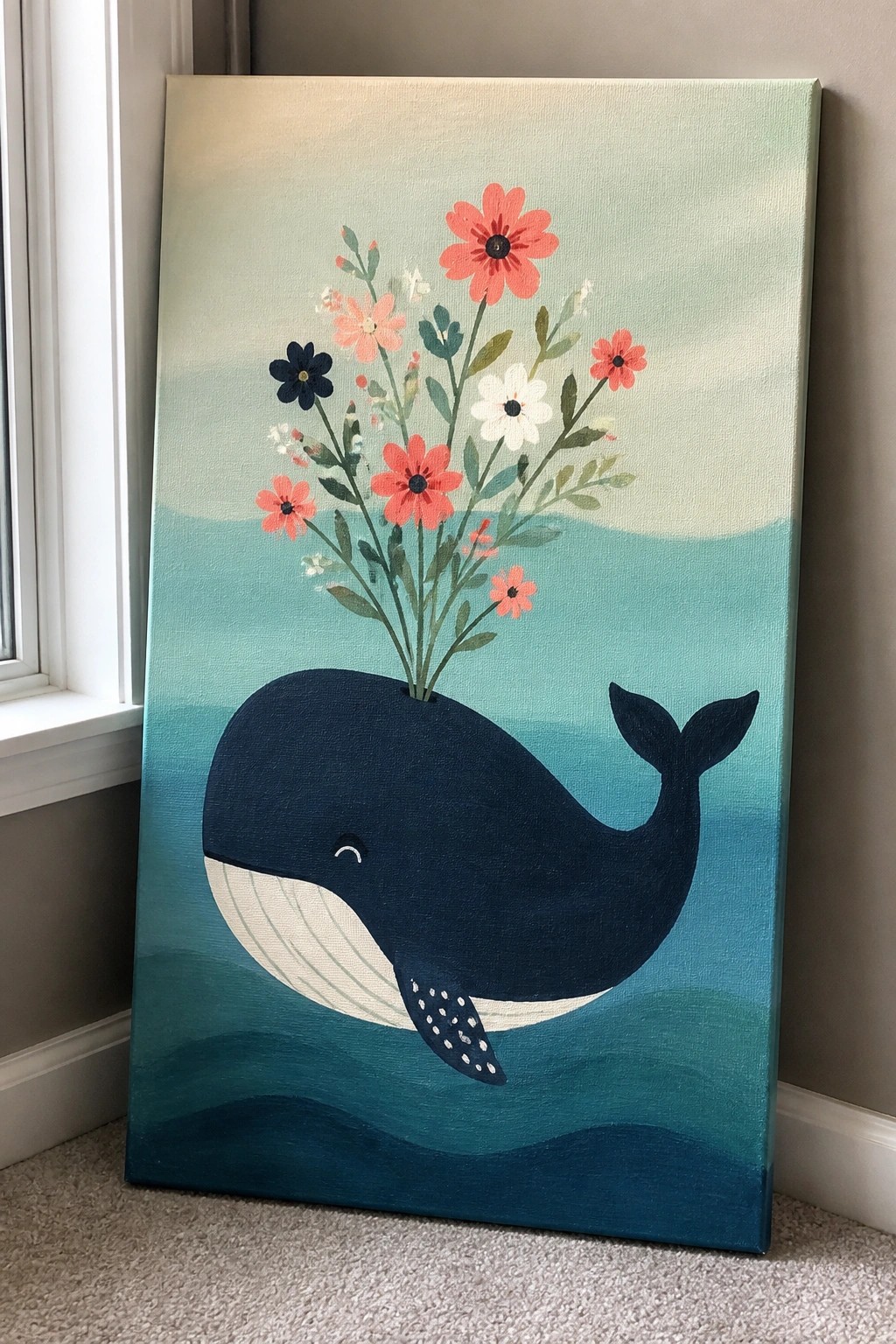 Colorful flowers sprout from a smiling blue whale's blowhole in a teal ocean painting.