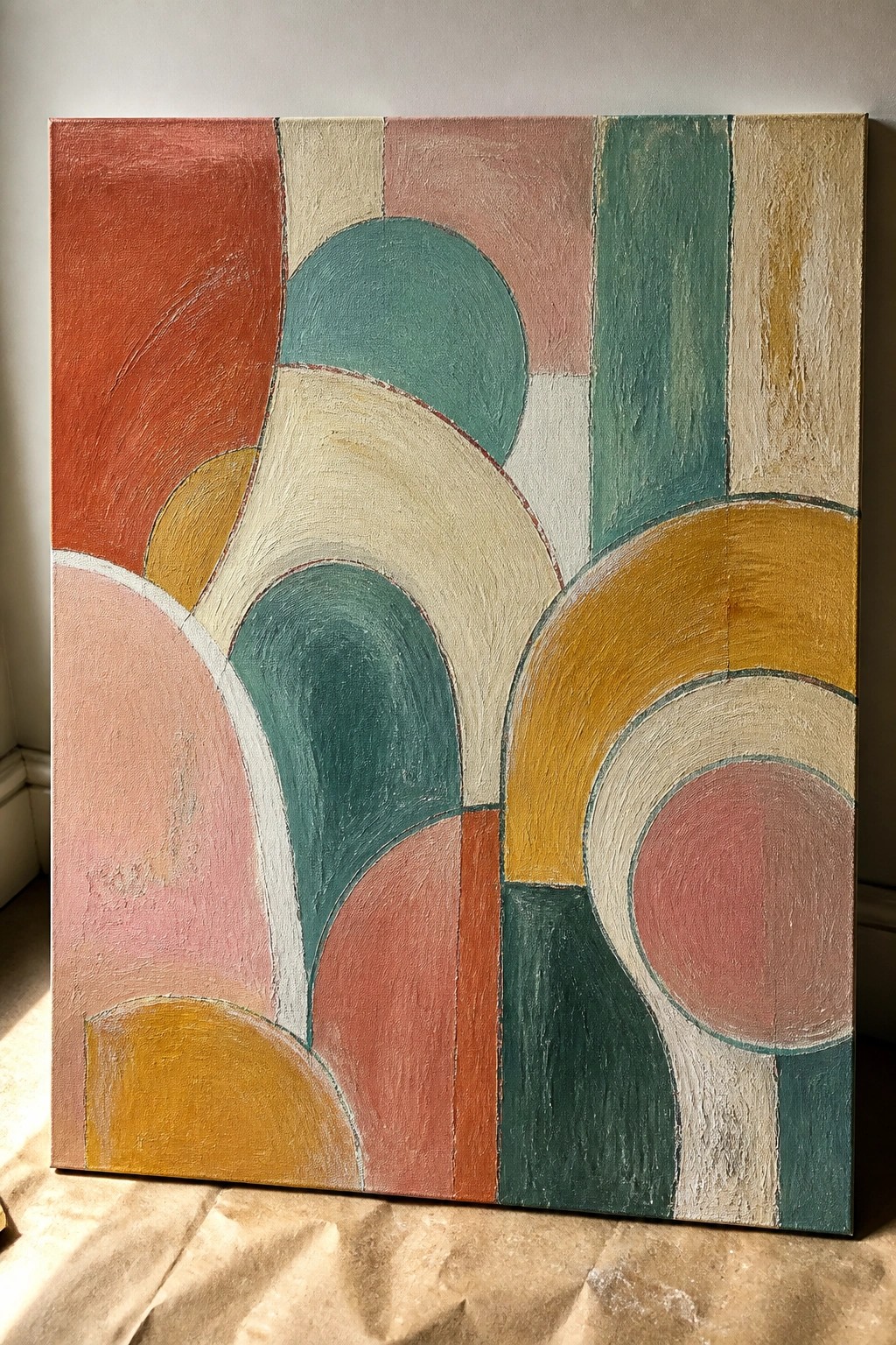 Abstract painting with overlapping curves and circles in coral, teal, ochre, and pink tones