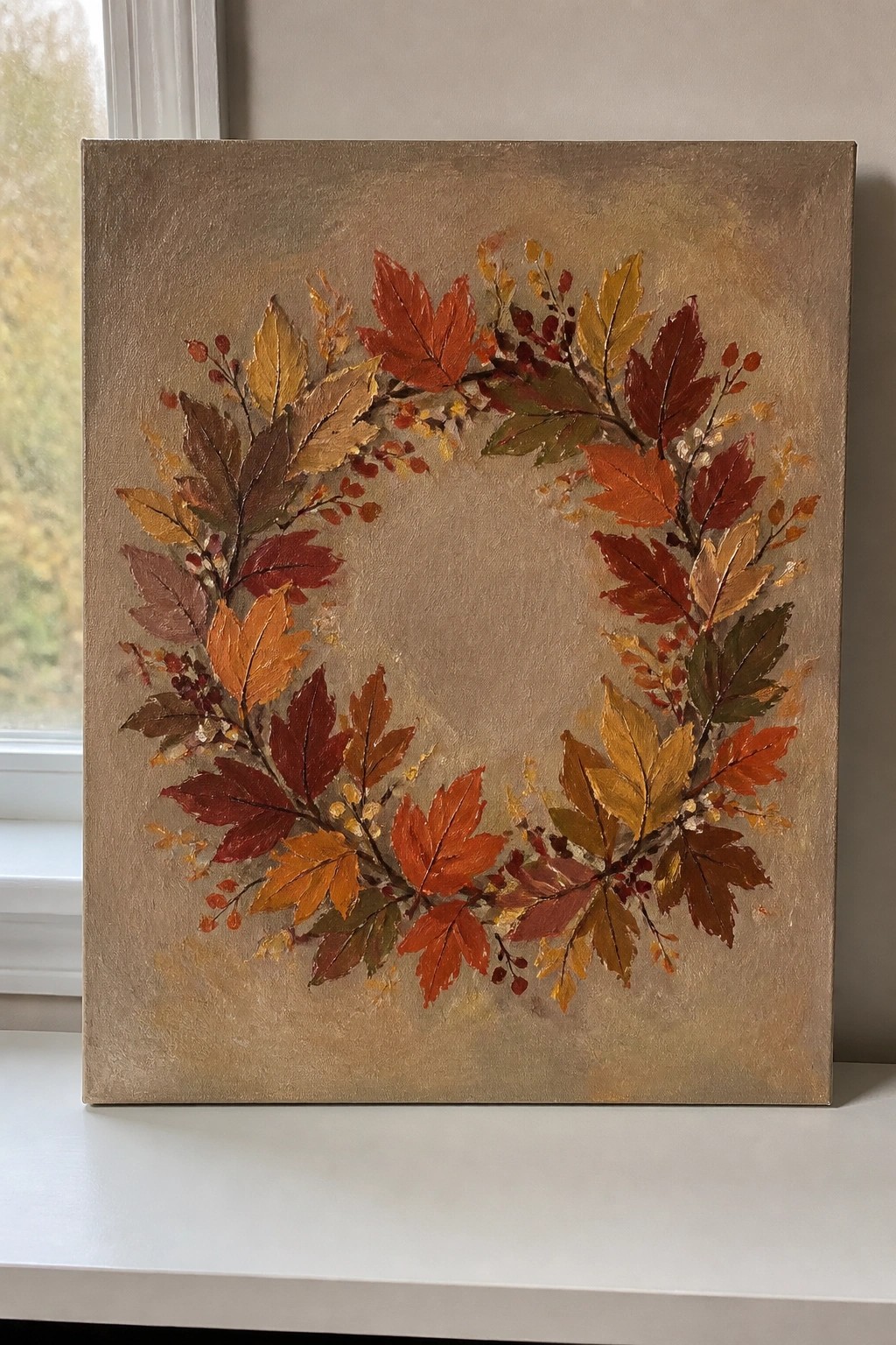 Autumn wreath painting with red, orange, and yellow leaves on beige canvas.